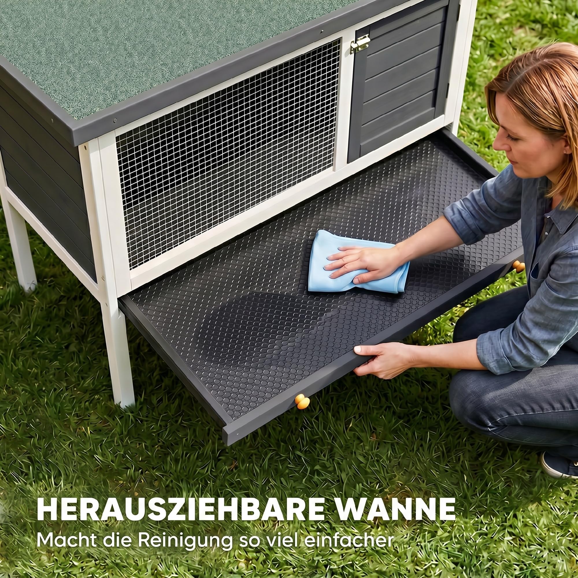 PawHut Hasenstall Kaninchenstall aus Holz 90x45x65 cm erhöhter Kaninchenkäfig mit aufklappbar Bitumendach, herausziehbarer Schublade, Tür, Metallgitter, Hasenkäfig für Kleintiere Outdoor Grau