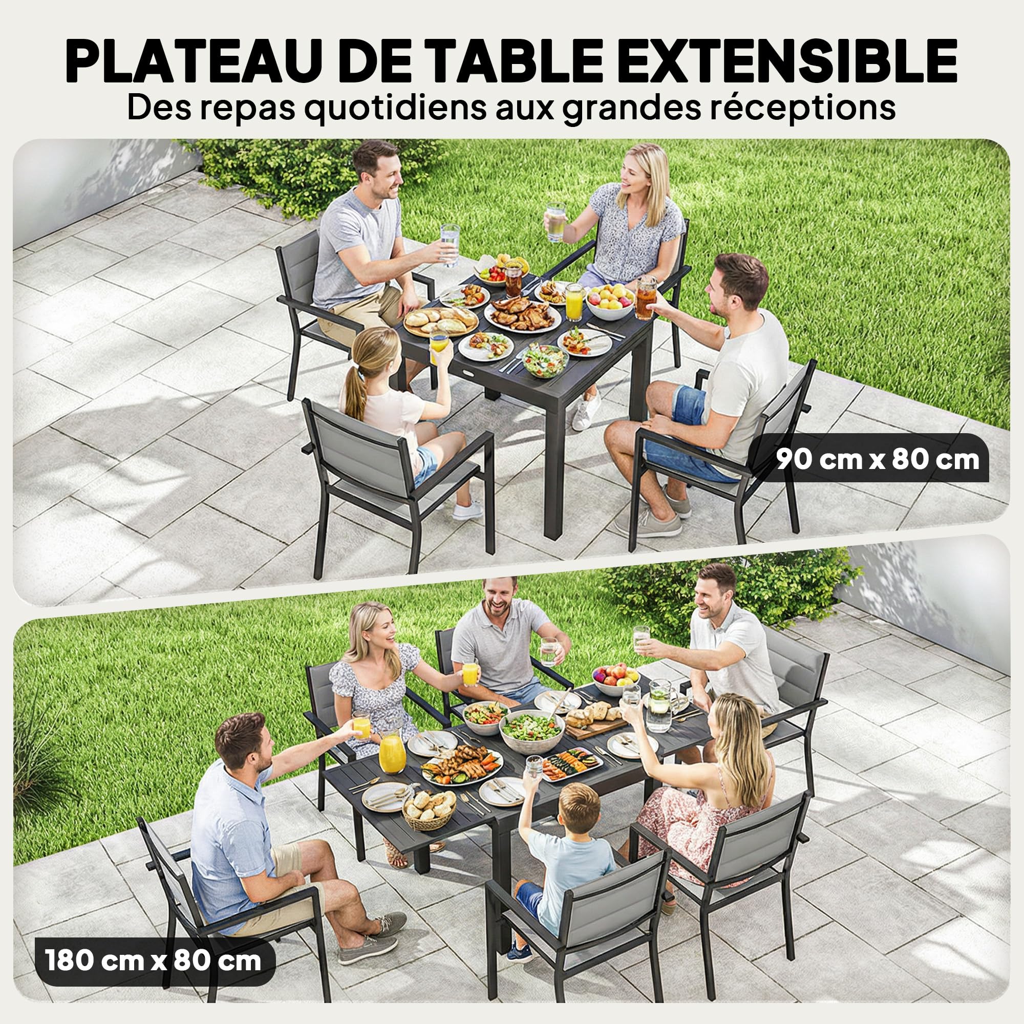 Outsunny Salon de Jardin 7 Pièces Table Extensible Aluminium - Ensemble Mobilier de Jardin avec 6 Chaises Empilables Textilène Rembourré - Meuble pour Terrasse Extérieur et Repas de Famille, Gris