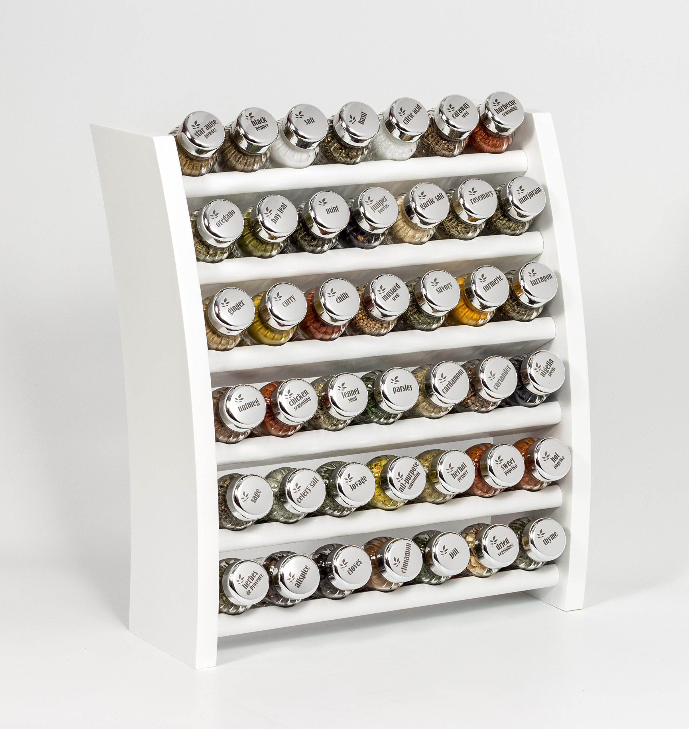 42 Jar Wooden Kitchen Spice Rack Filled with Herbs and Spices + 2 Glass Jars Absolutely Free! Made in EU- Poland- 42F-White. Silver Glossy caps