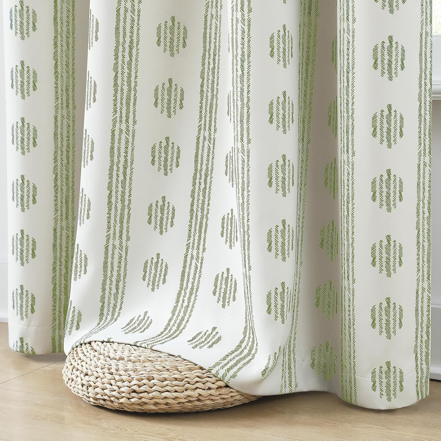 Melodieux Boho Blackout Curtain 100"W x 84"L, Green on Beige, 1 Panel, Grommet, Room Darkening, Bedroom & Living Room