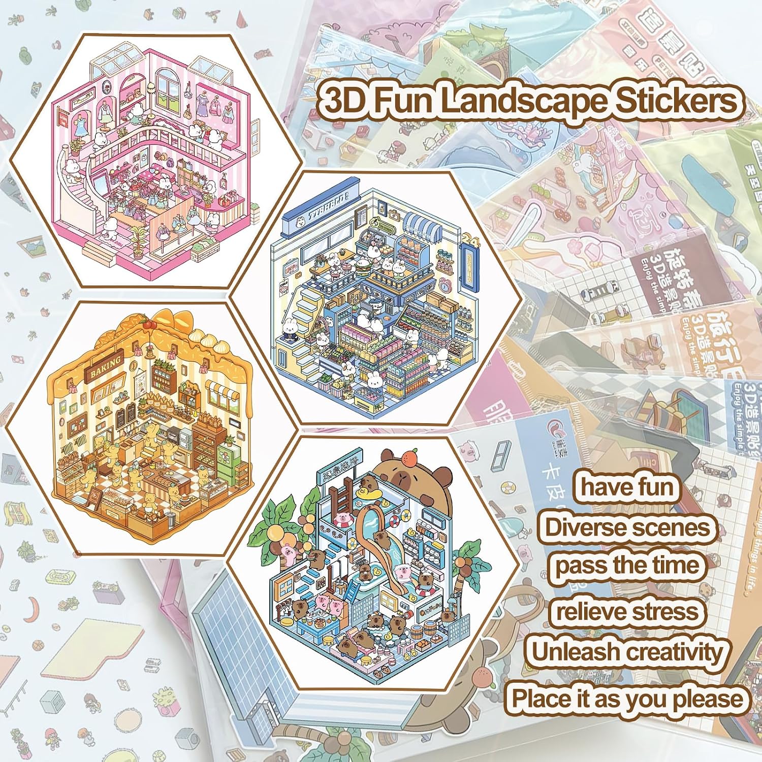 16 Sets Miniature DIY 3D Sticker Scene, Sticker Therapy for Adults image 5