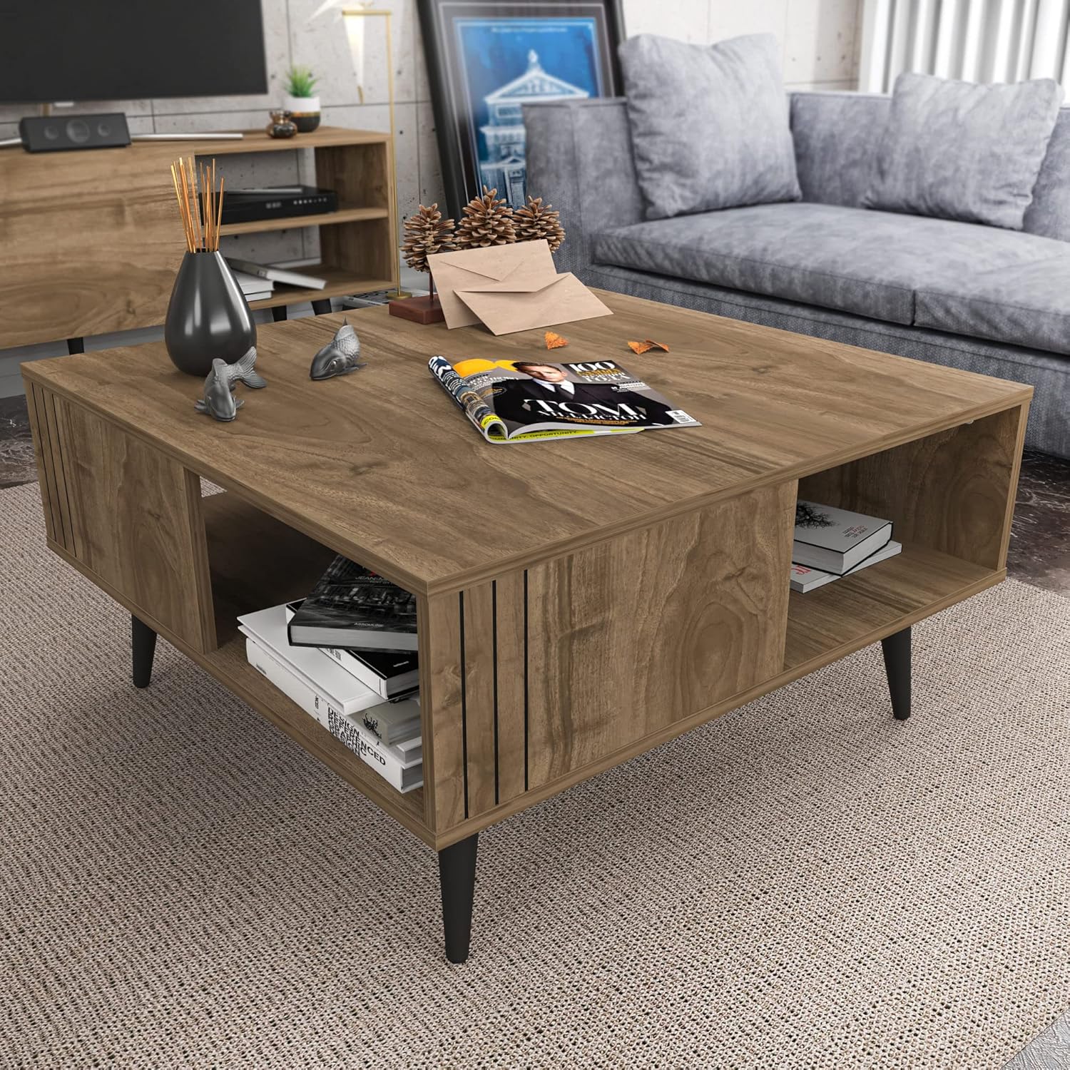 Elegant Walnut Coffee Table, 89.6 x 89.6 x 46.5 cm, 100% Melamine Coated Particle Board, 18 mm Thick, Perfect for Cabin/Lodge Style Living