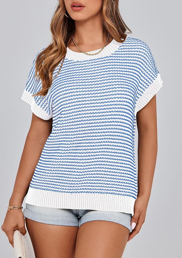 PRETTYGARDEN Women's Striped Short Sleeve Sweater Vest Blue,M by PRETTYGARDEN - Used condition - Image 5