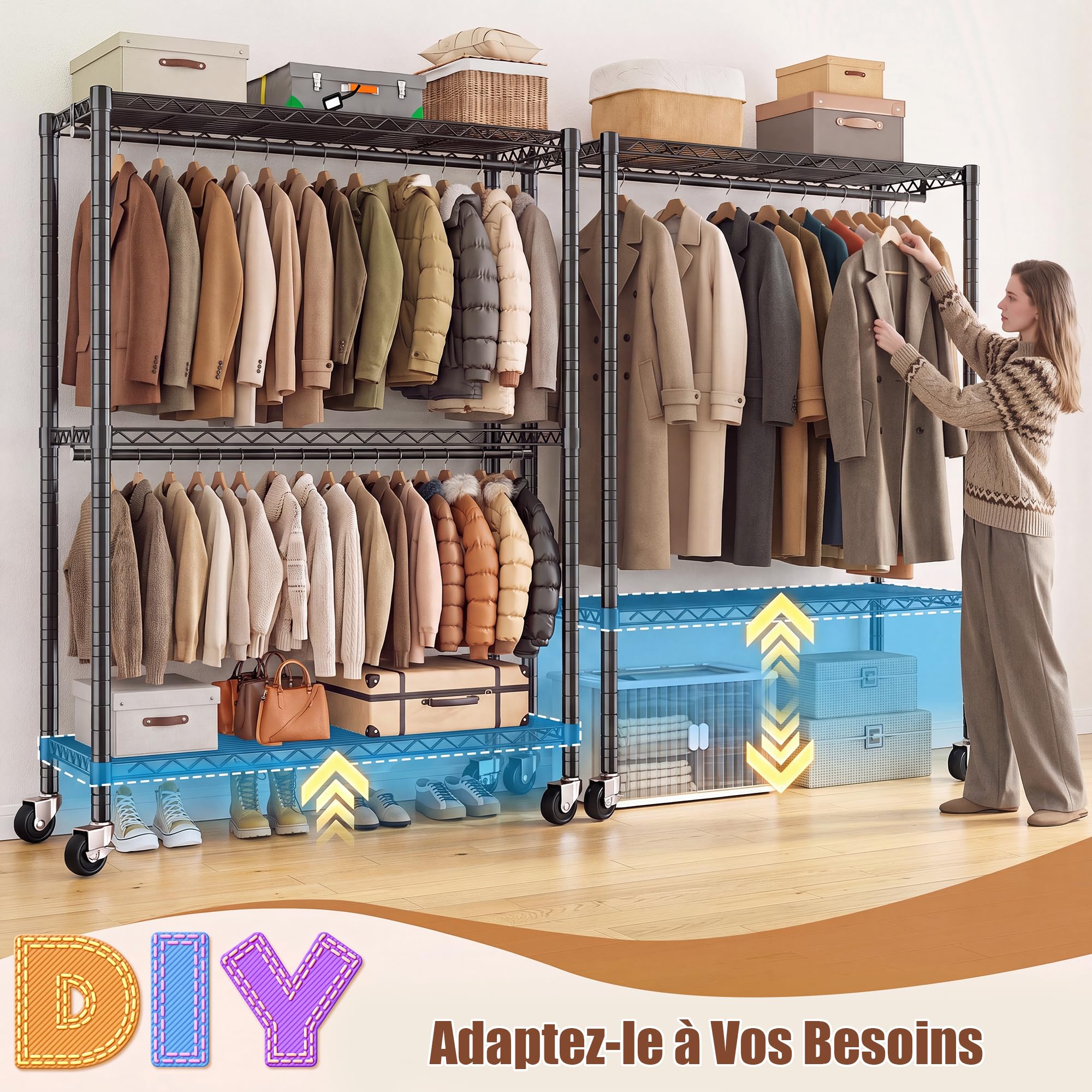 90 * 40 * 200cm Portant à Vêtements Solide à Roulettes avec Plateaux | 90 * 40 * 200 cm, hauteur modulable, charge maximale 200 KG, penderie vêtement dressing avec étagères réglables, noir