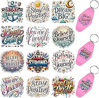 60pcs UV DTF Keychain Transfer Papers - Vinyl Decals for Keys & Luggage Tags, Funny Designs with Scratch-Resistant Coating, Transfer Papers for Hotel Keycards (Motivational Quotes)