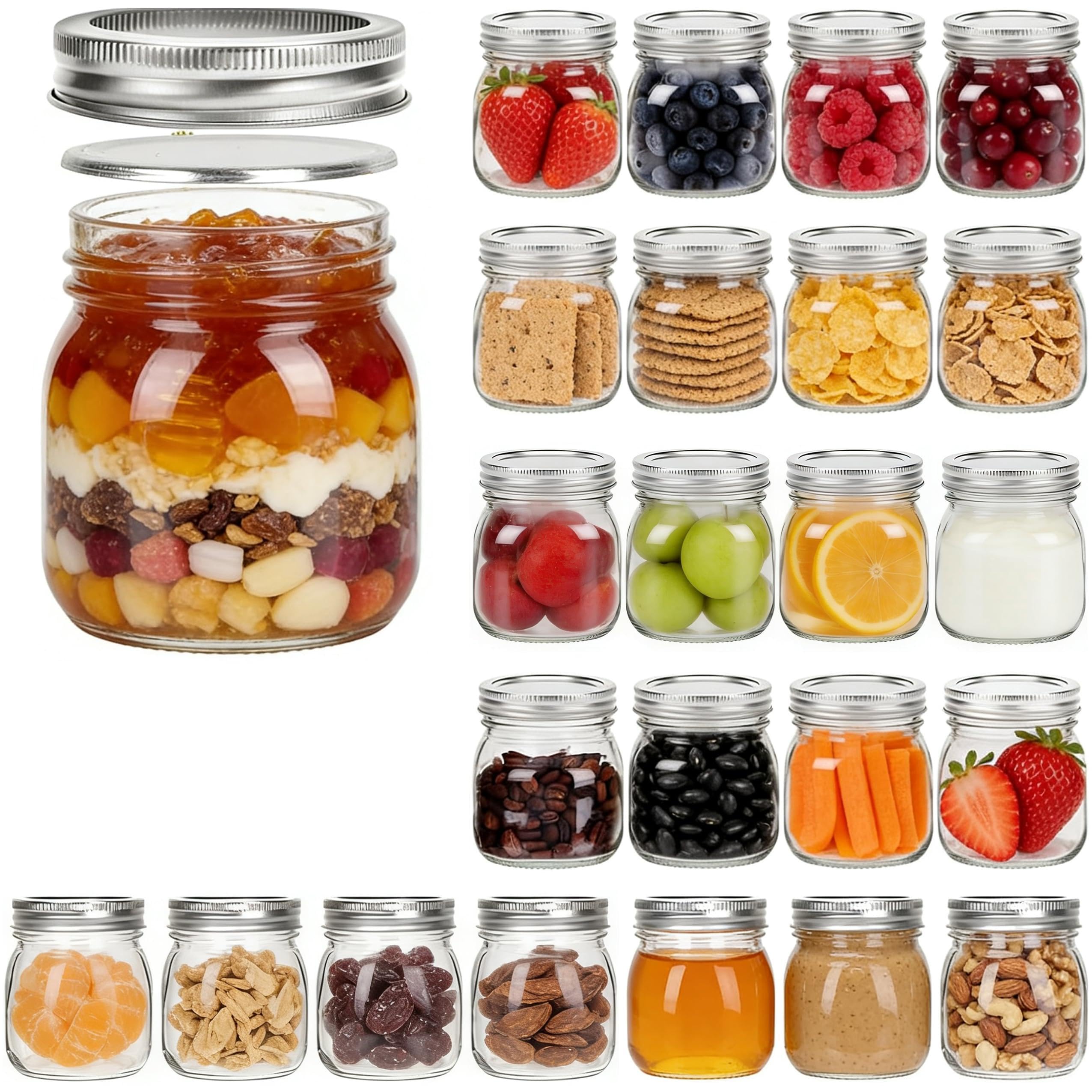 1Zizifa8 Clear 24 Pack Glass Mason Jars, 300 Ml Canning Jars With Lids - 10 Oz Airtight Glass Jars For Pickling, Jam, Jelly, Chutney, Fermenting, Honey & Spice Storage - Reusable & Leak Proof