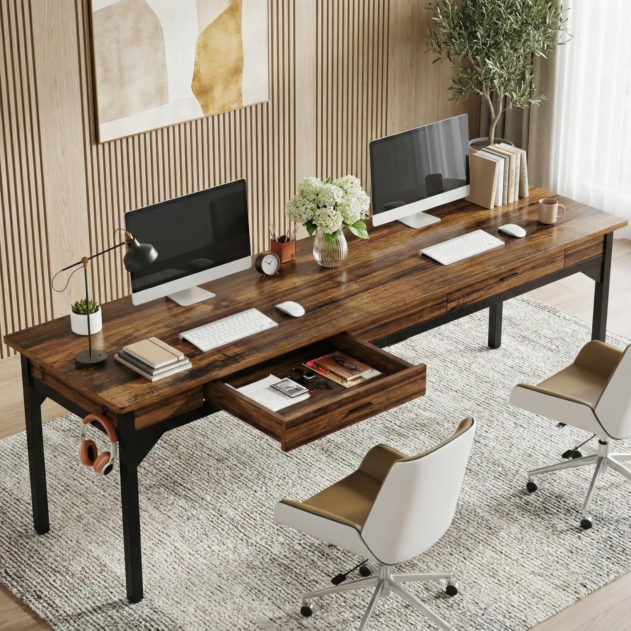 Lailang 200cm Escritorio de Computadora, Mesa Escritorio Grande, Mesa de Oficina despacho, Escritorio con Cajones, Mesa con cajones Madera, Escritorio 2 Metros, 200 x 60 x 82 cm, Marrón Rústico