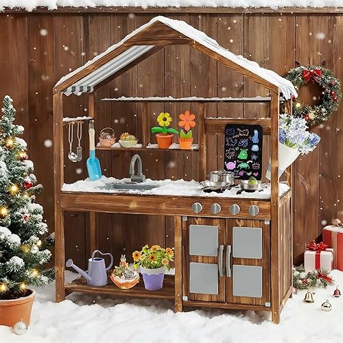 Miniatura 9 de Costzon Cocina de barro para niños al aire libre, cocina de madera con toldo, pizarra, estufa, fregadero extraíble, accesorios de cocina y