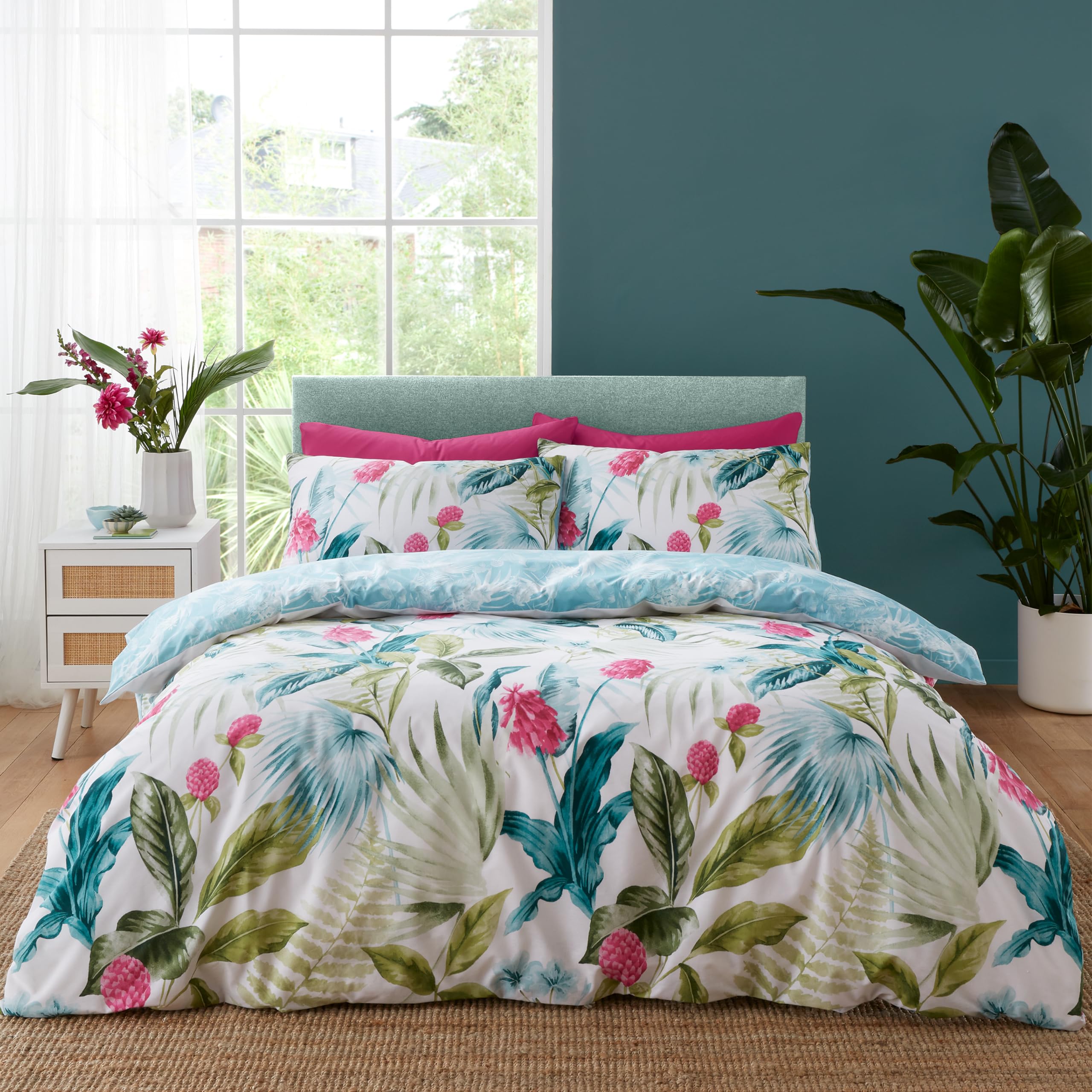 Aruba Tropical Floral Reversible Double Duvet Cover Set with Pillowcases Green