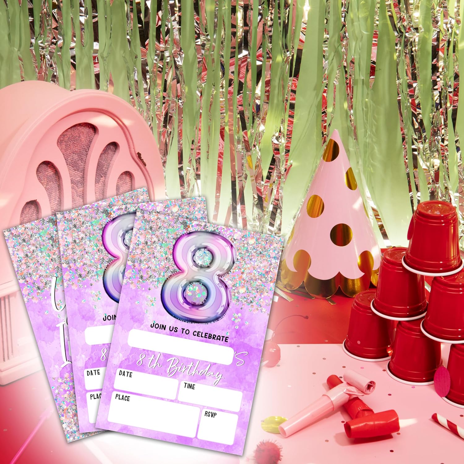 8Th Birthday Invitation Cards, Holographic Balloons Double-Sided Fill In Style Birthday Invites With Envelopes, Glitter Purple 8 Years Old Invitations For Girls, Teen, Party Favor & Supplies - A08