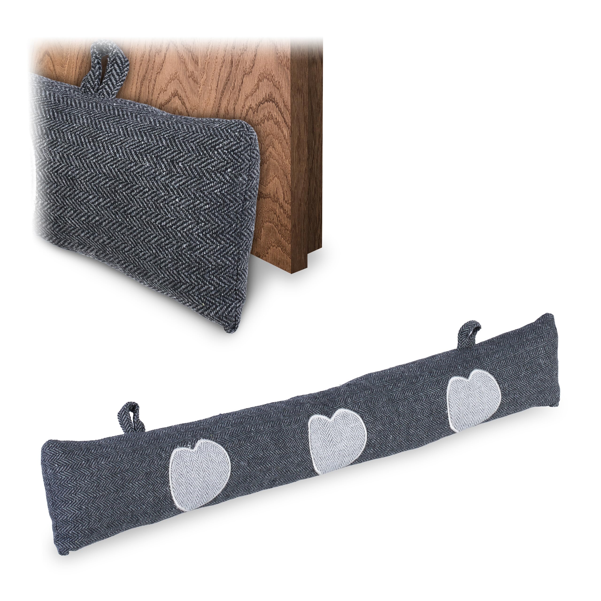 Relaxdays Burlete Puerta Suave con Corazones, Zócalo Aislante Frío Abertura, Cojín Ventana, 76 cm, Relleno Arena, Gris, Poliéster, 10 x 76 x 7 cm