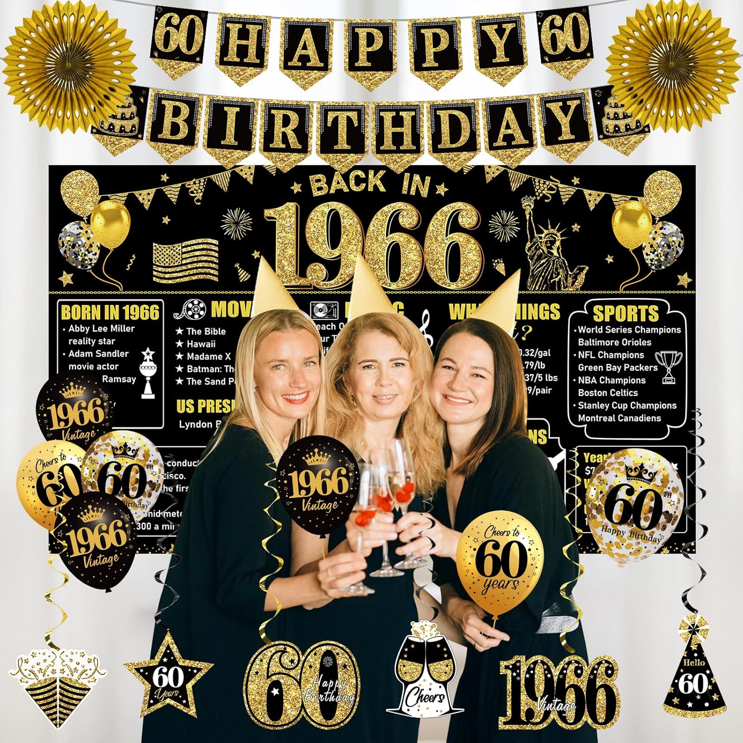 60th Birthday Decorations Kit for Men Women, Black Gold 24PCS Back in 1966 Banner Decorations, Vintage 1966 Banner Wooden Table Sign Poster Hanging Swirl Balloons Paper Fans Cheers to 60 years - Image 5
