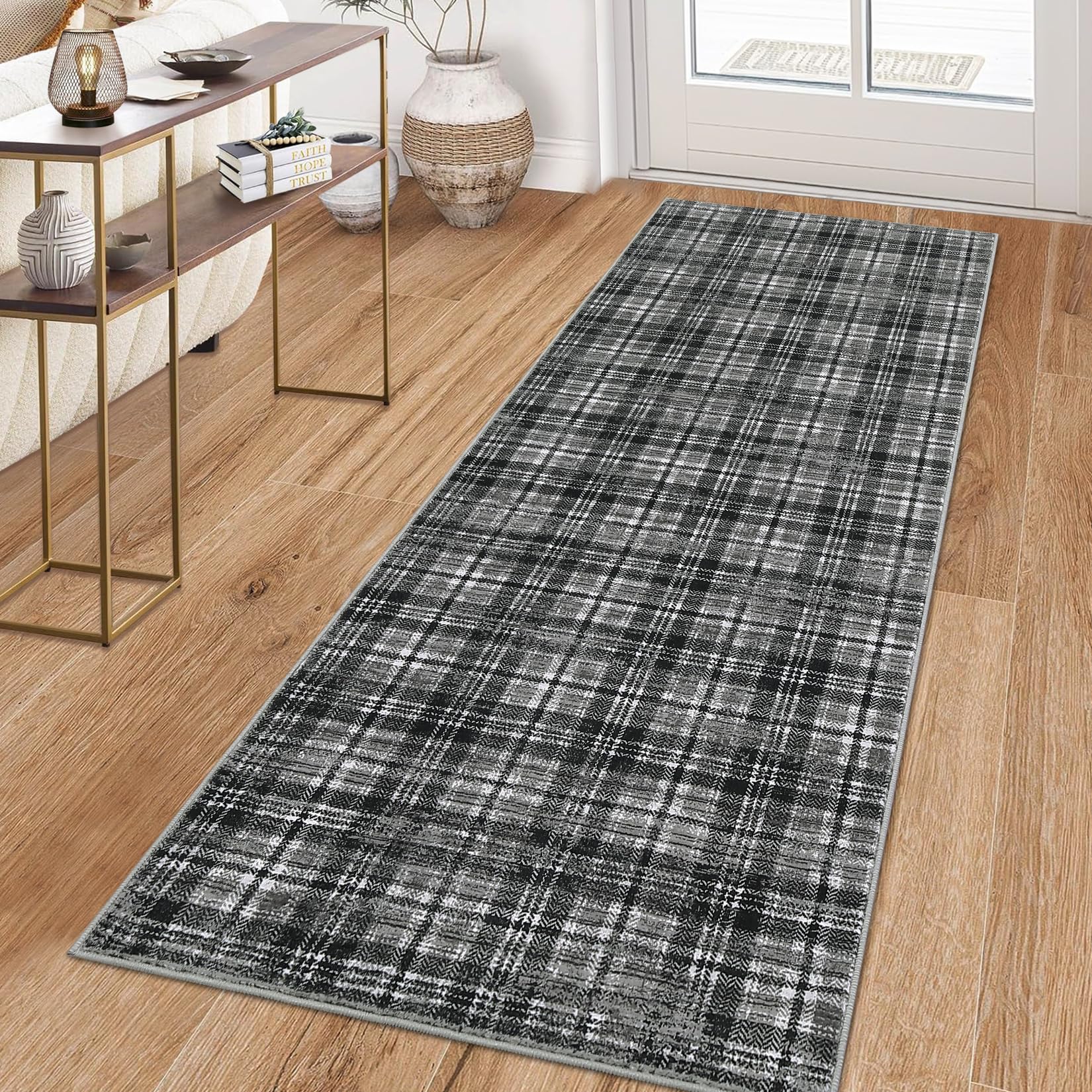 LUXLOOM Washable Runner Rug 2x8 Runners for Hallways Non Slip Bath Mat Modern Soft Bedroom Rug Farmhouse Kitchen Rugs Entryway Rugs Stain Resistant Carpet for Laundry 2'x8' Black/Grey