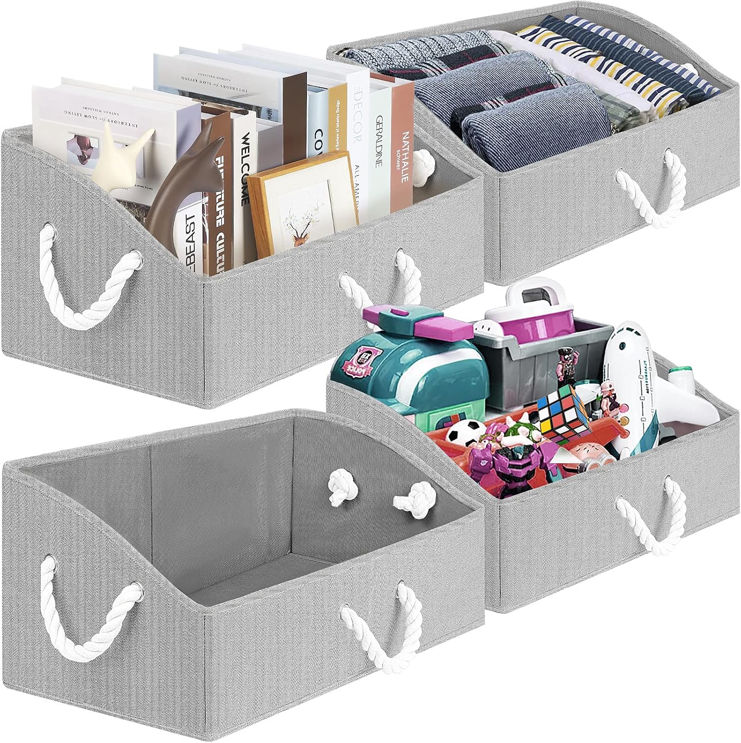 TomCare 4-Pack Storage Baskets Foldable Trapezoid Storage Box Fabric Cube Storage Box Storage Cubes with Cotton Rope Handles Cube Organizer Storage Containers for Living Room Bedroom Office (Light Grey)