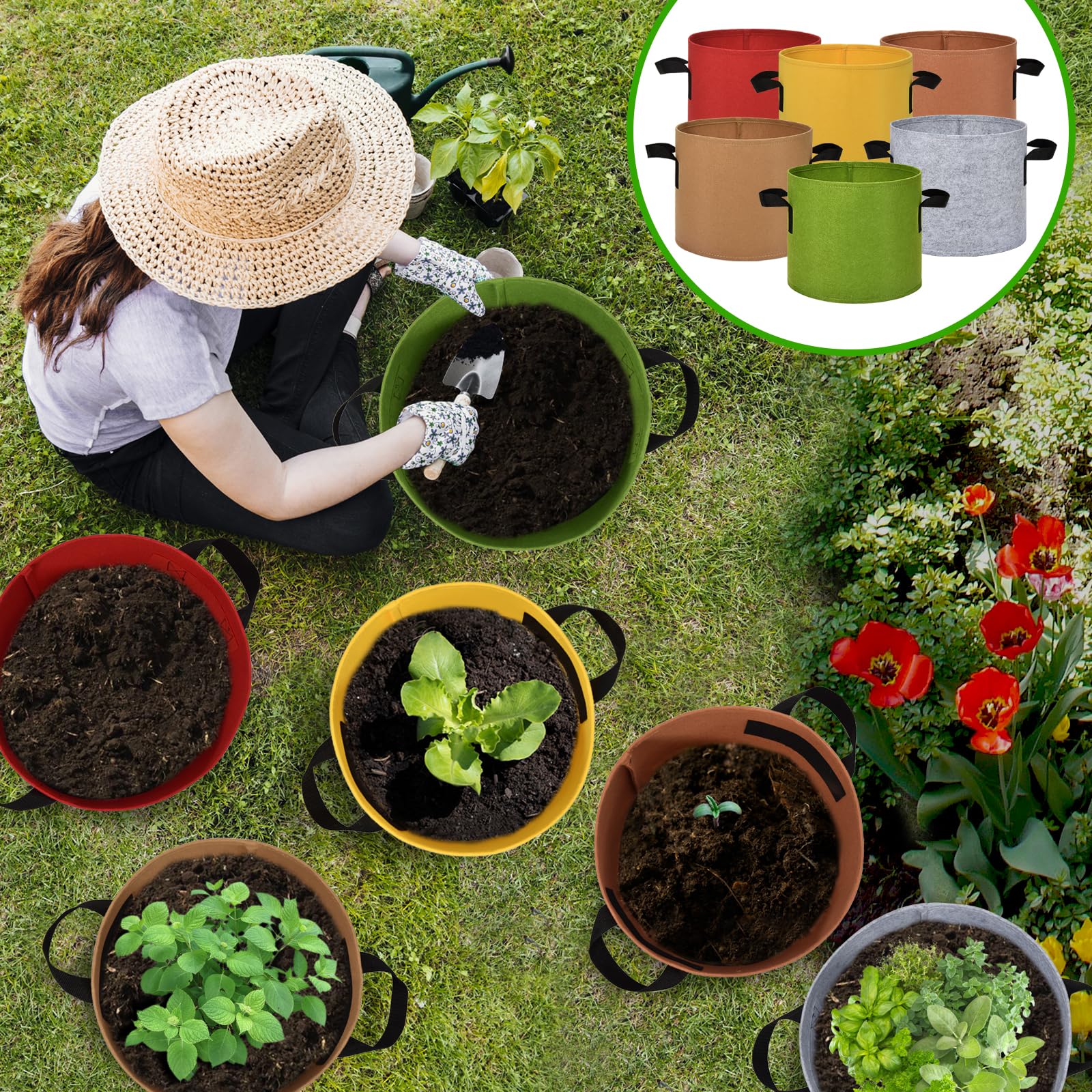 Lot de 6 sacs de culture de 37 litres en tissu multicolore avec longues poignées pour jardin, légumes, fleurs, créer un jardin coloré
