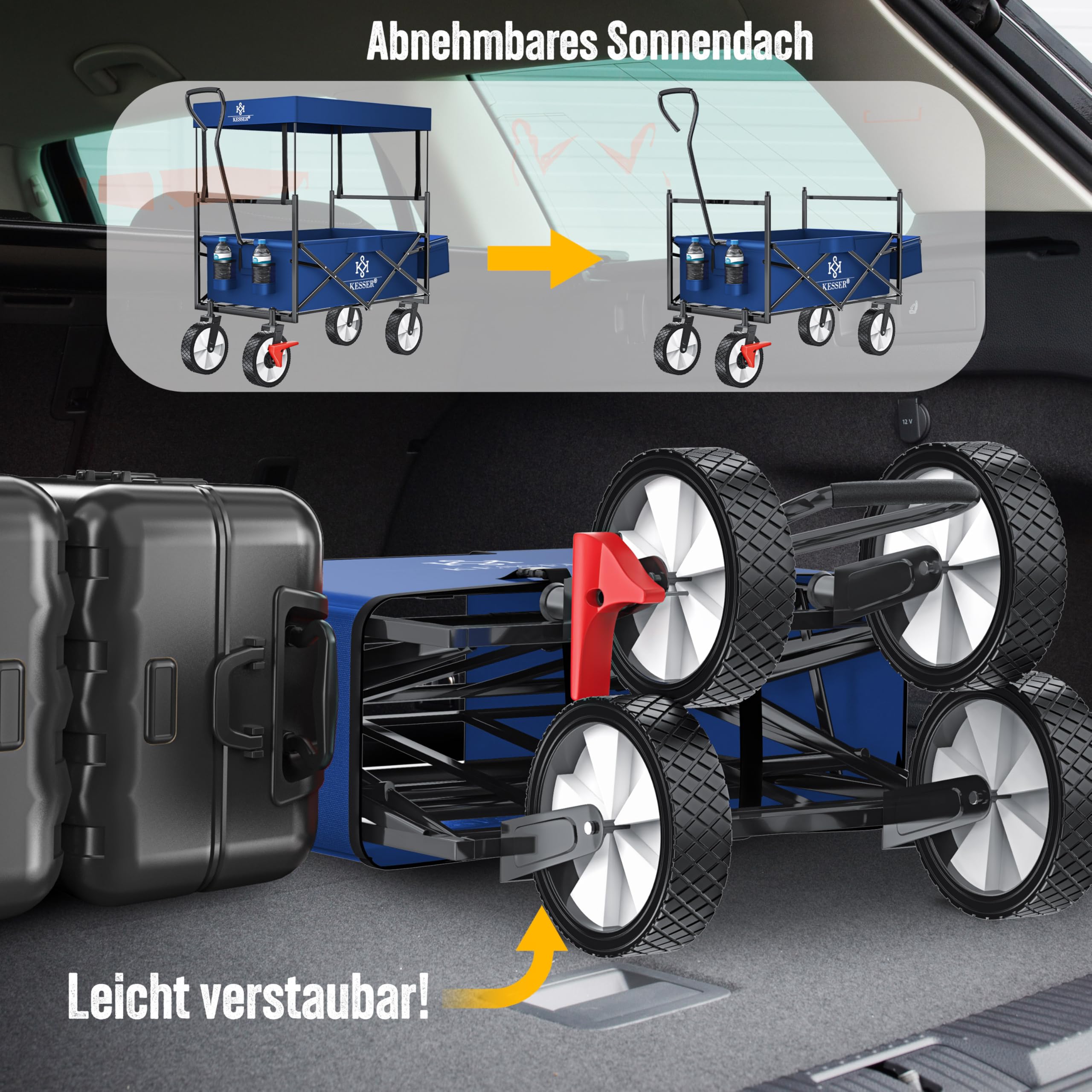KESSER® Carrello pieghevole con tetto, carrello per attrezzi, con 2 tasche a rete e una tasca esterna, con freno anteriore, pieghevole, pneumatici in gomma piena, portata fino a 100 kg