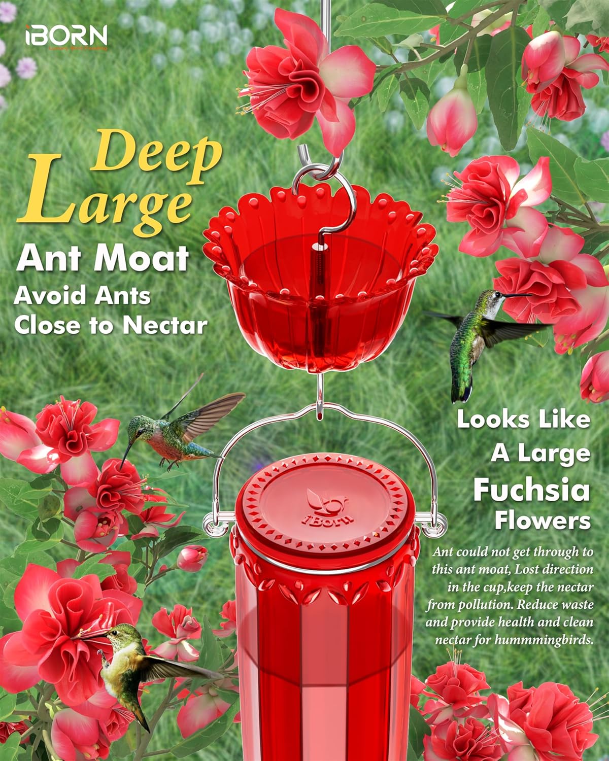iBorn Hummingbird Feeders for Outdoors Hanging with Ant Moat for Hummingbird Feeder Glass 8 Ports for 16oz Hummingbird Nectar,Yellow Flowers Red Glass, Pack of 2