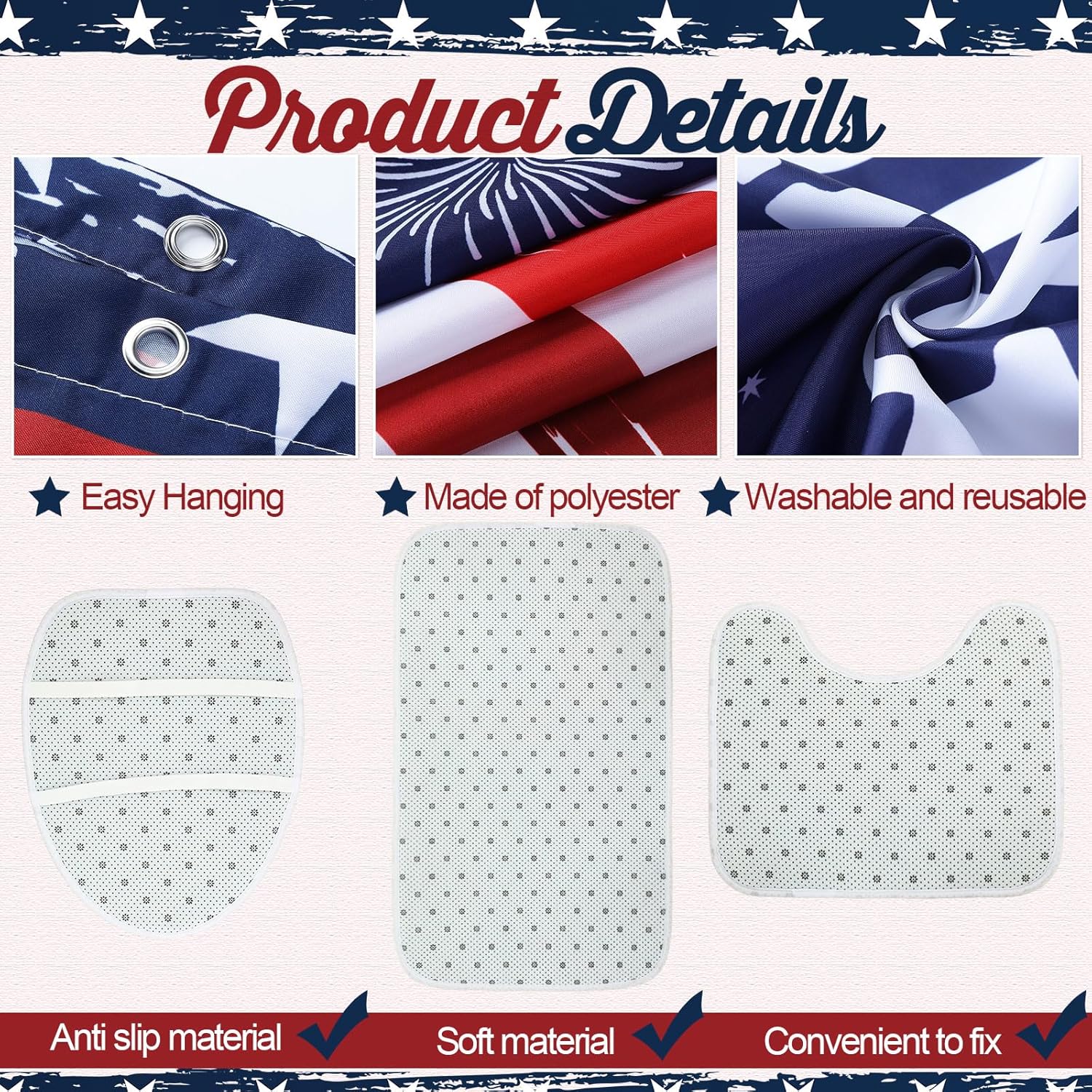Teenyyou 4 Pcs 4th of July Shower Curtains Set 250th Anniversary Red White Blue Bathroom Decor Toilet Lid Cover and Bath Mat Shower Curtain with 12 Hooks for USA Patriotic Independence Home Decoration