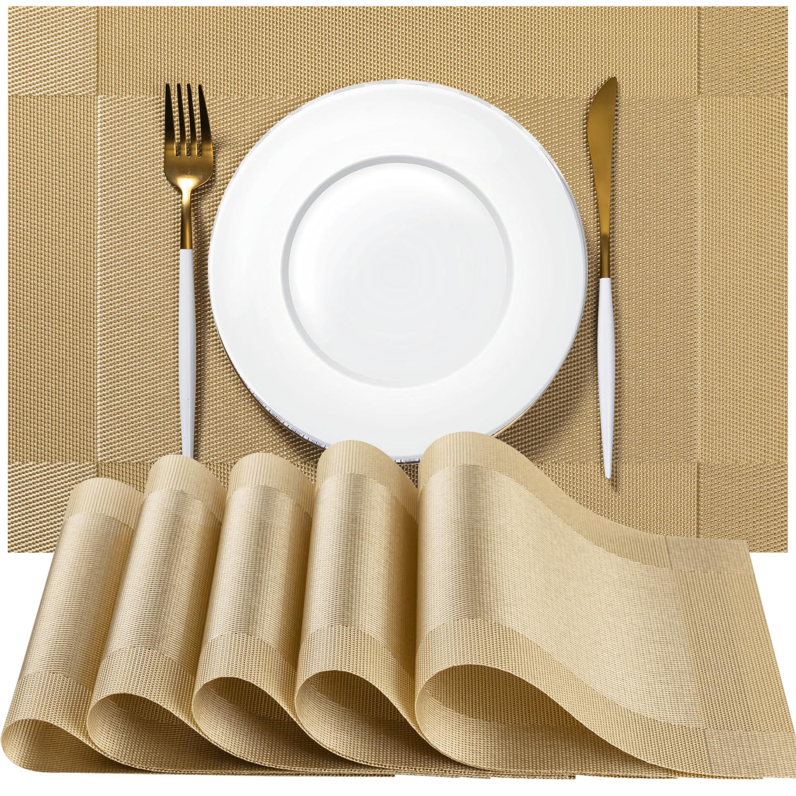Placemats Set of 6 - Easy Clean Woven Vinyl Placemats for Dining Table, Indoor/Outdoor Place Mats, Washable PVC Table Mats（Gold Cube）