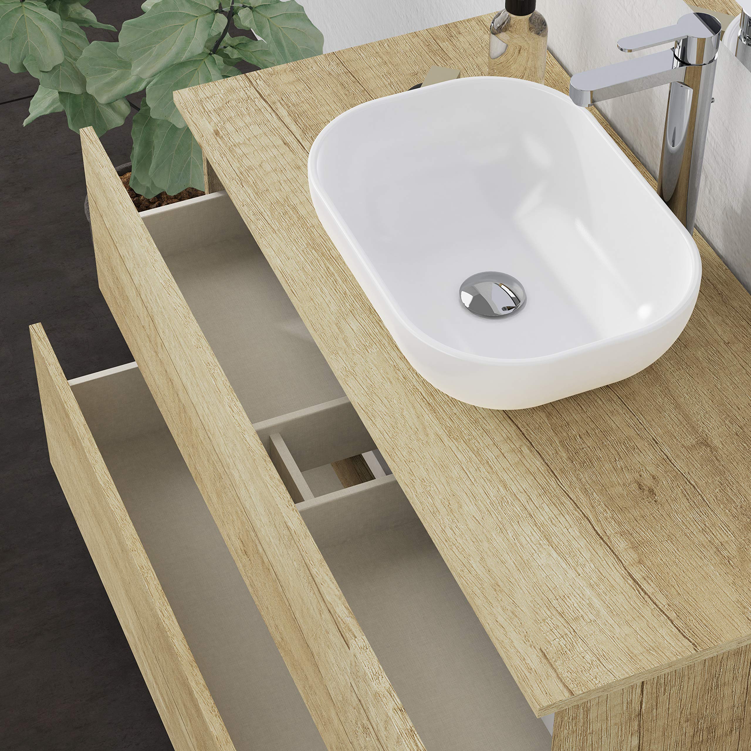 Baikal Baño Onyx, 2 cajones, suspendido en Pared, con Lavabo cerámico. Mueble Montado, Melamina 16,Mueble F46 + Top + Lavabo 100 cm Nature