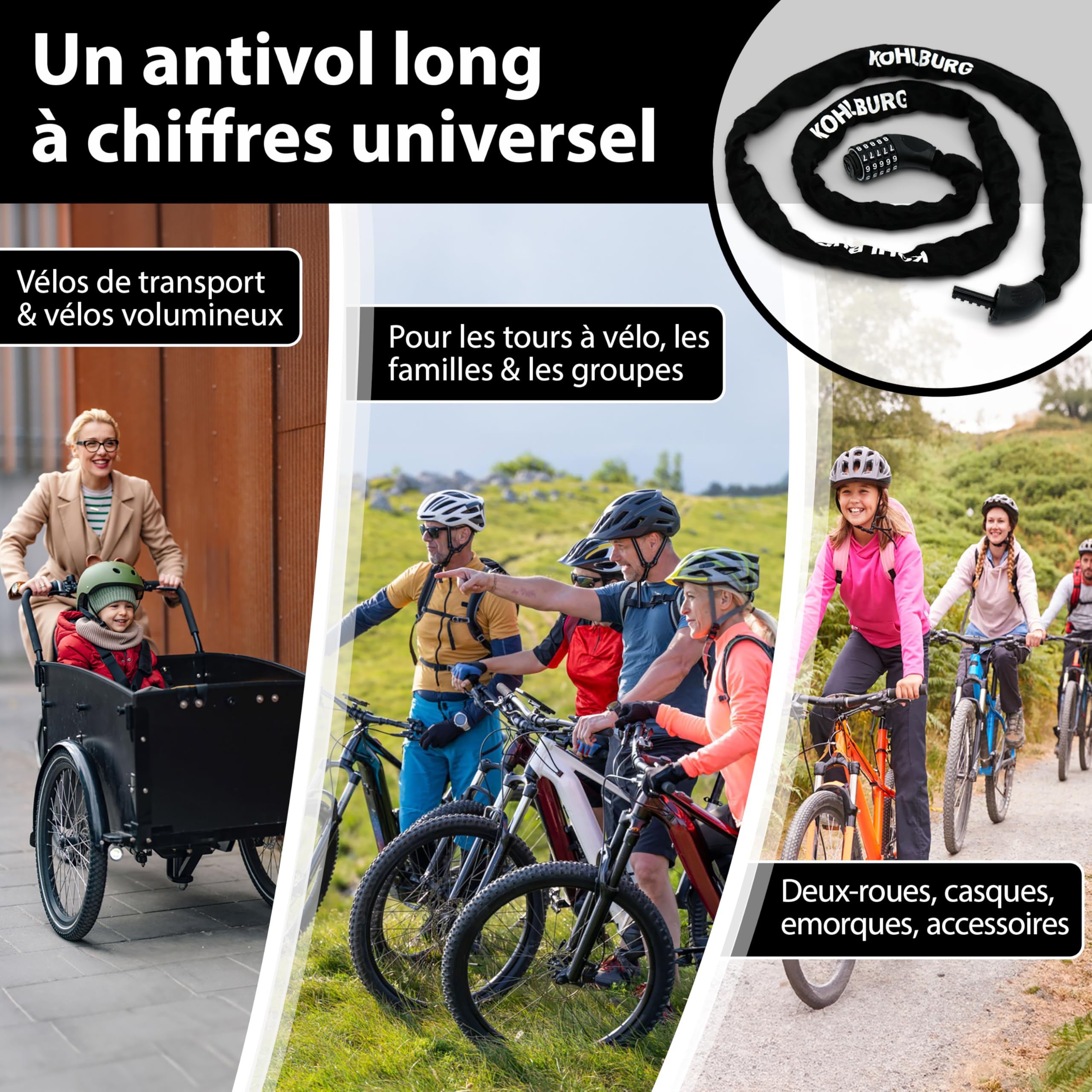 KOHLBURG Serrure à combinaison 200 cm extra‑longue – Antivol vélo à chaîne | Anti vol avec code & acier spécial 6 mm – Chaine antivol 2 m – Combinaison de chiffres pour vélo & trottinette électrique