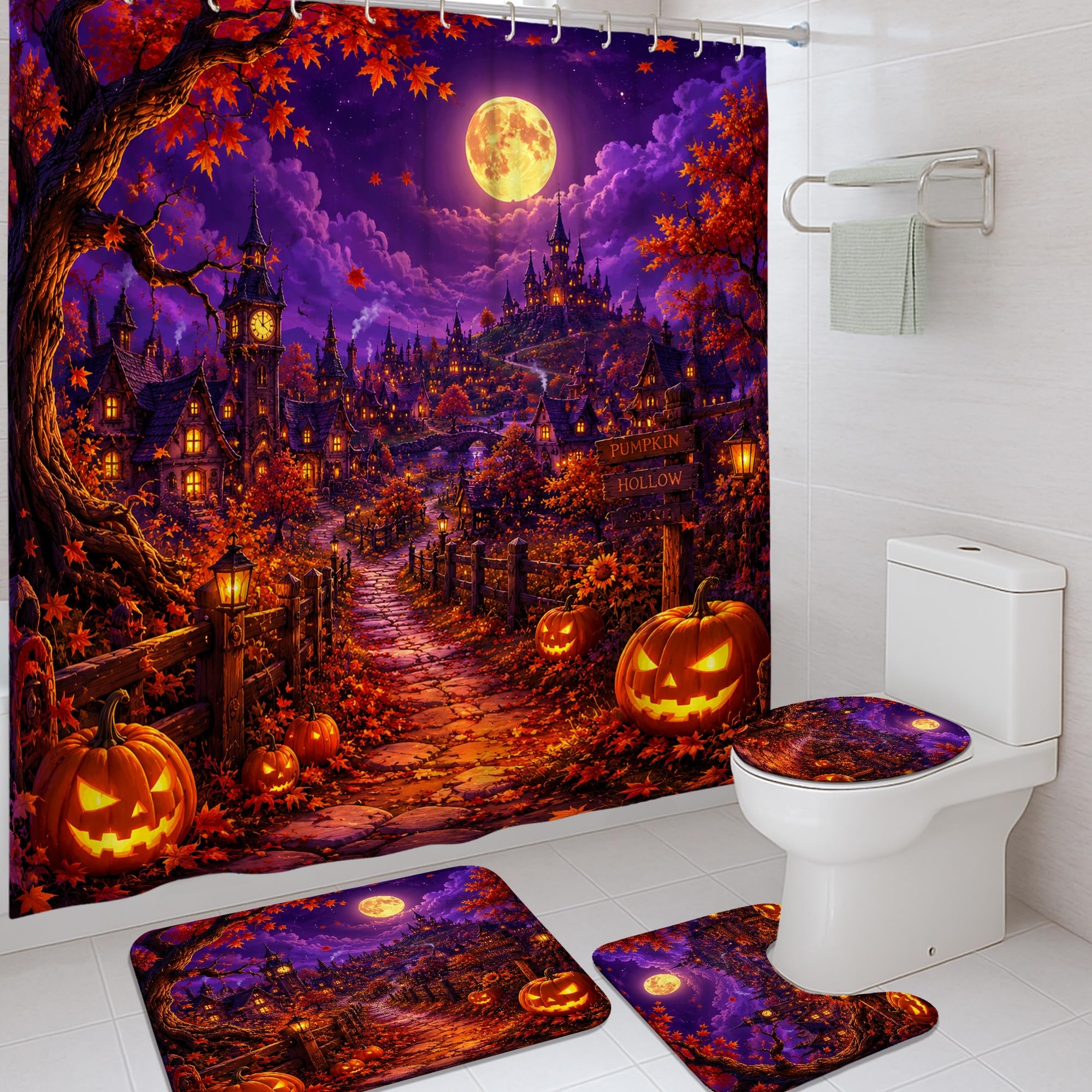 Rideau de douche Halloween violet en polyester 183x183 cm