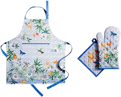 Maison d' Hermine Passiflora - Juego de delantal 100% algodón (27.50 x 31.50 pulgadas) y guante de horno (7.5 x 13 pulgadas)soporte para ollas (8 x