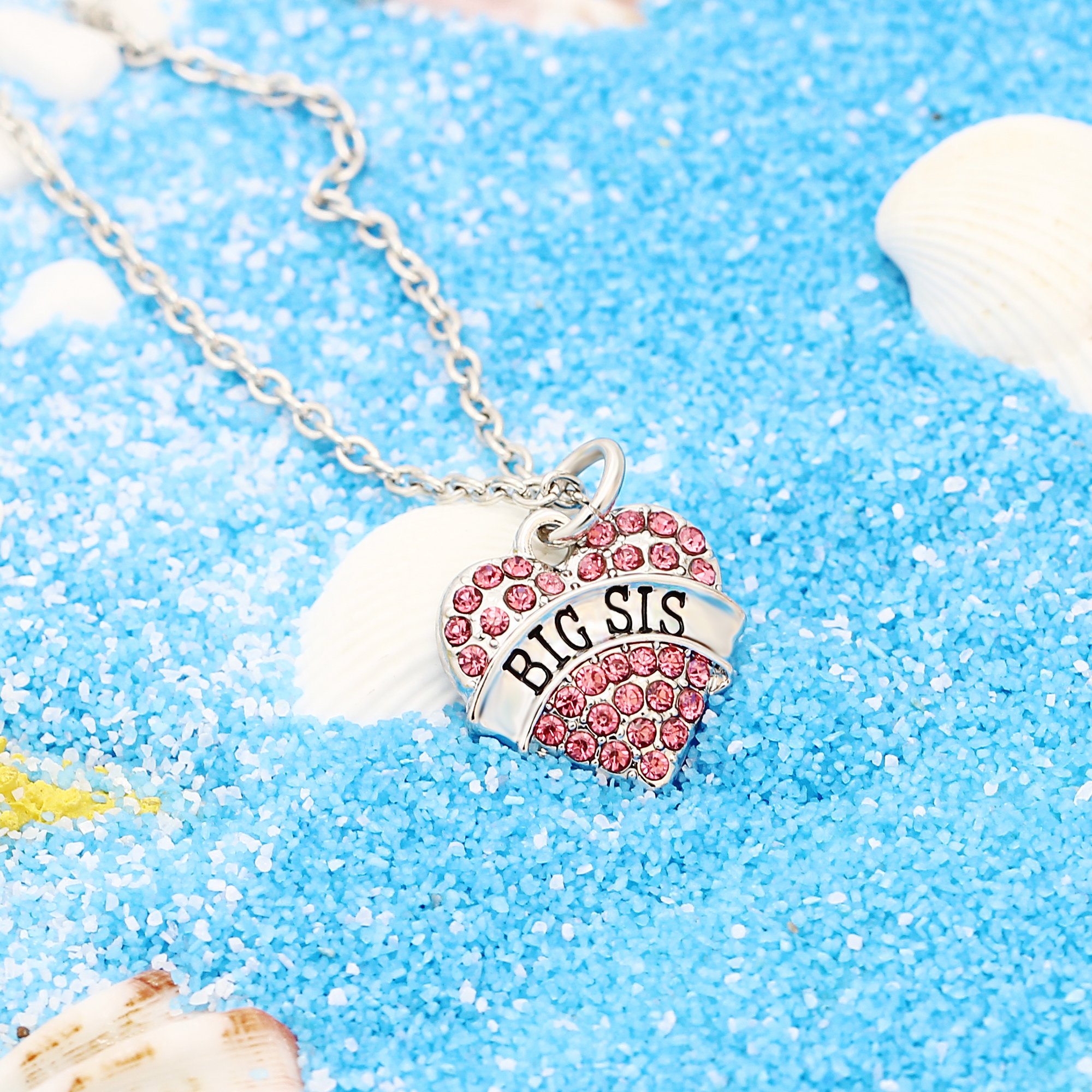 lauhonmin Family Jewelry Silver Alloy Pink Crystal Love Heart Big Sister Charm Pendant Necklace Women Gift