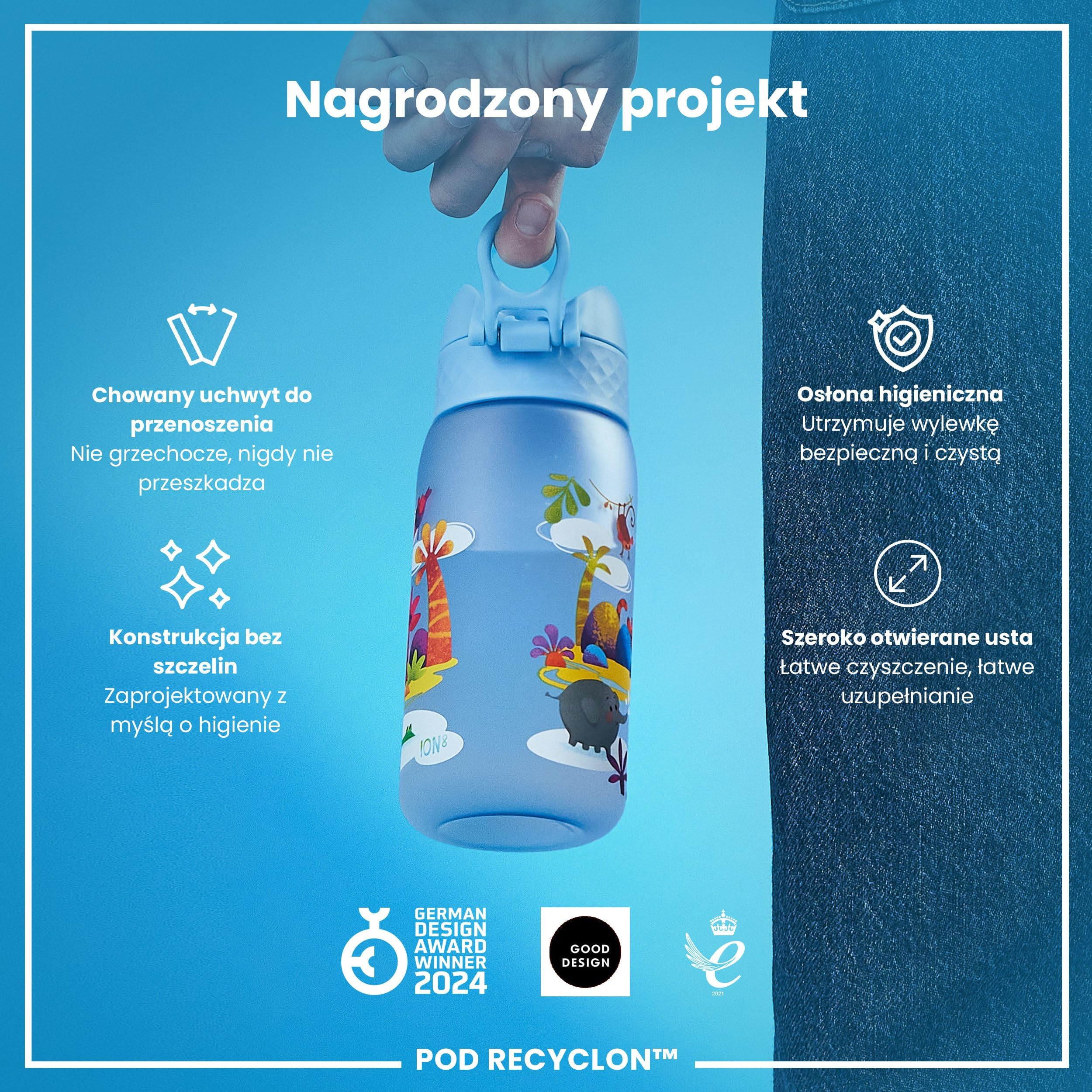ION8 Butelka dla Dzieci, 350 ml/12 oz, Szczelna, Łatwa do Otwarcia, Bezpieczny Zamek, Można Myć w Zmywarce, Bez BPA, Uchwyt do Przenoszenia, Łatwa do Czyszczenia, Bezwonny, Safari
