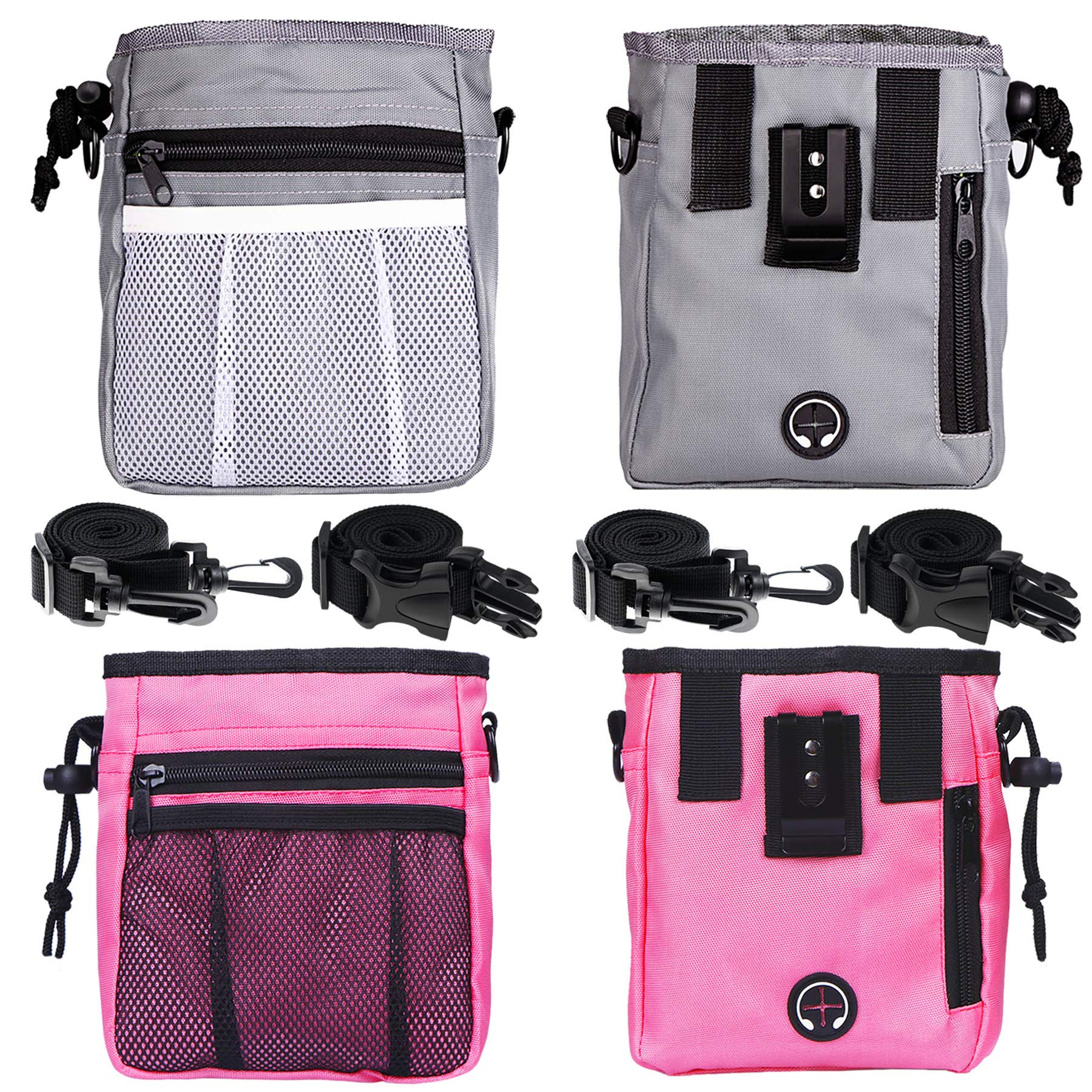 STMK Paquete de 2 bolsas de golosinas para perros, bolsa de entrenamiento para perros con correa de hombro en la cintura, entrenamiento de perros, entrenamiento de cachorros (gris y rosa)