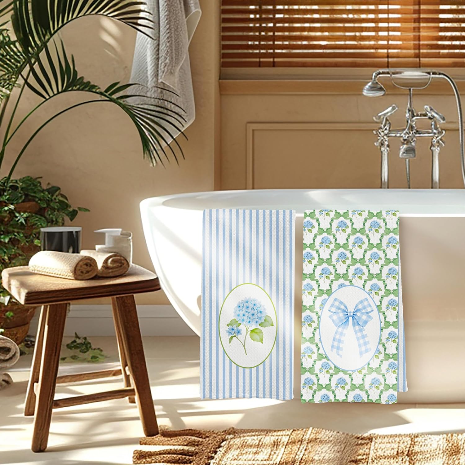 Coquette Bow Blue Hydrangea Floral Kitchen Towels, Cottagecore Botanical Dish Tea Towels, Preppy Bow Hydrangea Flower Decorative Hand Towel for Kitchen Bathroom, 16x24 Inch Set of 2 - Image 4