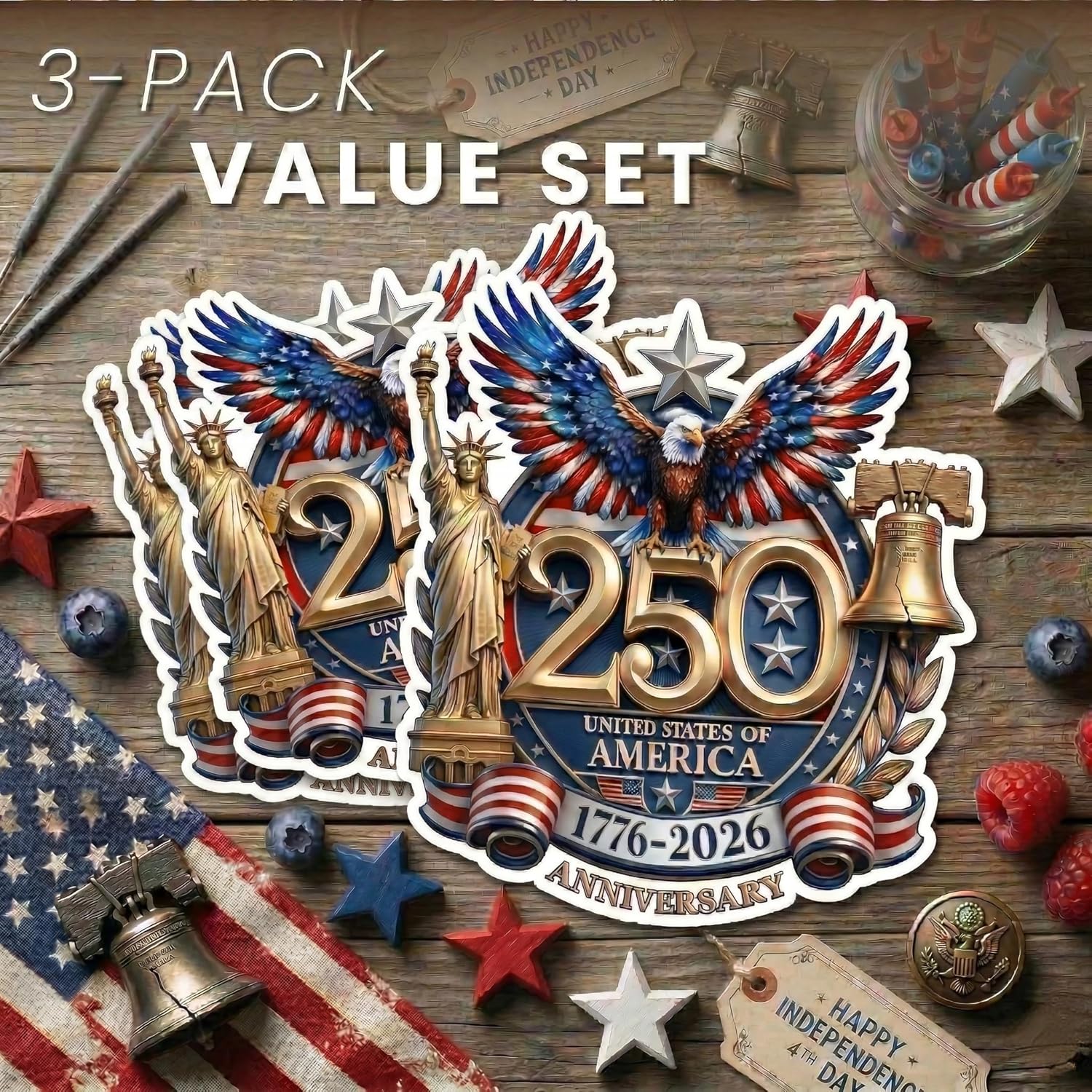 3Pcs 5 Inch Premium 250 Anniversary USA Merchandise Decal Sticker, USA Flag Patriotic 4th of July 1776–2026 Vinyl for Car, Truck, Window, Laptop, 250 Years American Independence Bumper Stickers Gifts