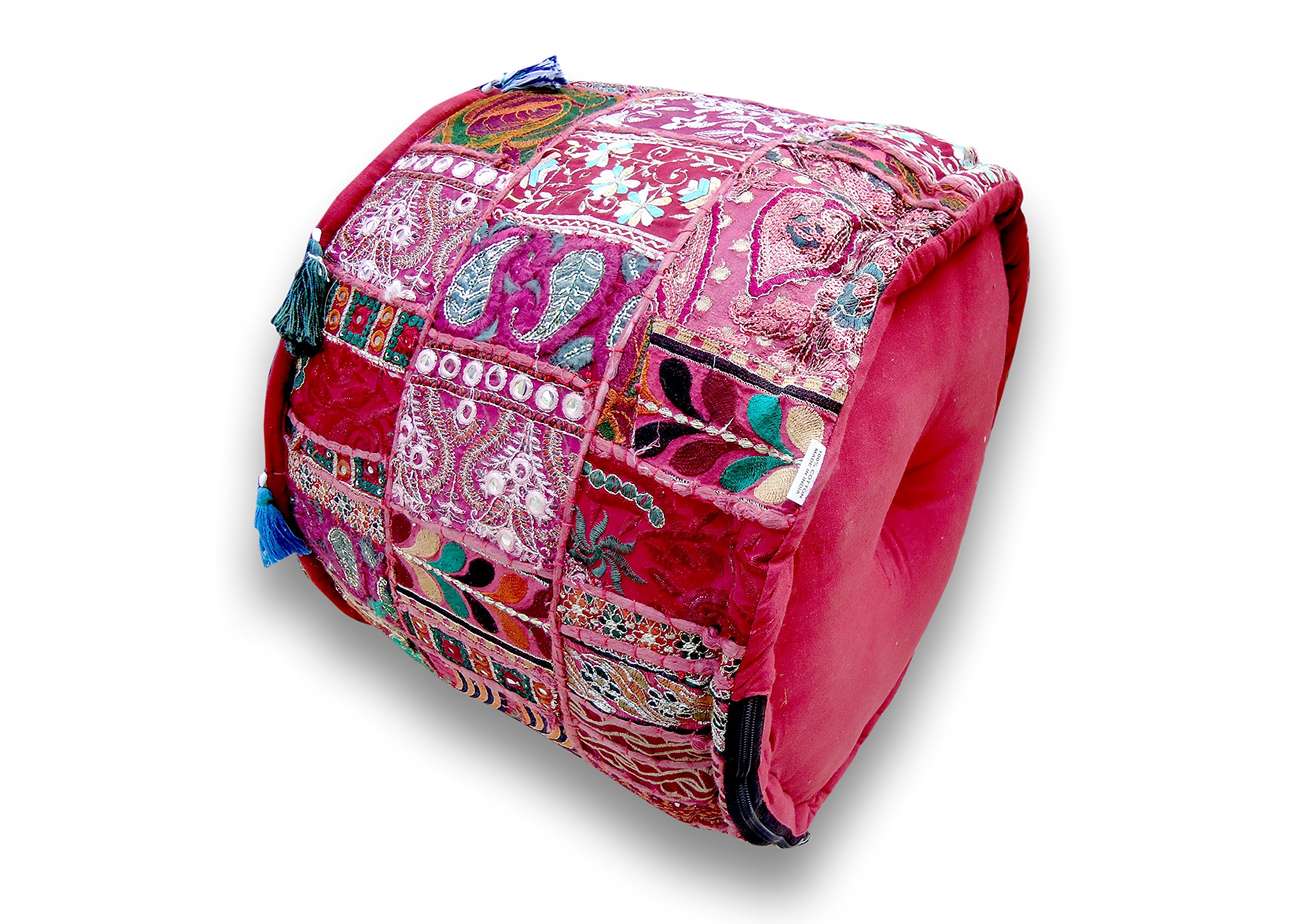 Sophia-Art Indian Embroidered Patchwork Cover Indian Decorative Pouf Indian Comfortable Floor Cotton Cushion Ottoman Pouf,Indian Designs Ethnic Patchwork Pouf (Dark Pink, 18"x13") 1