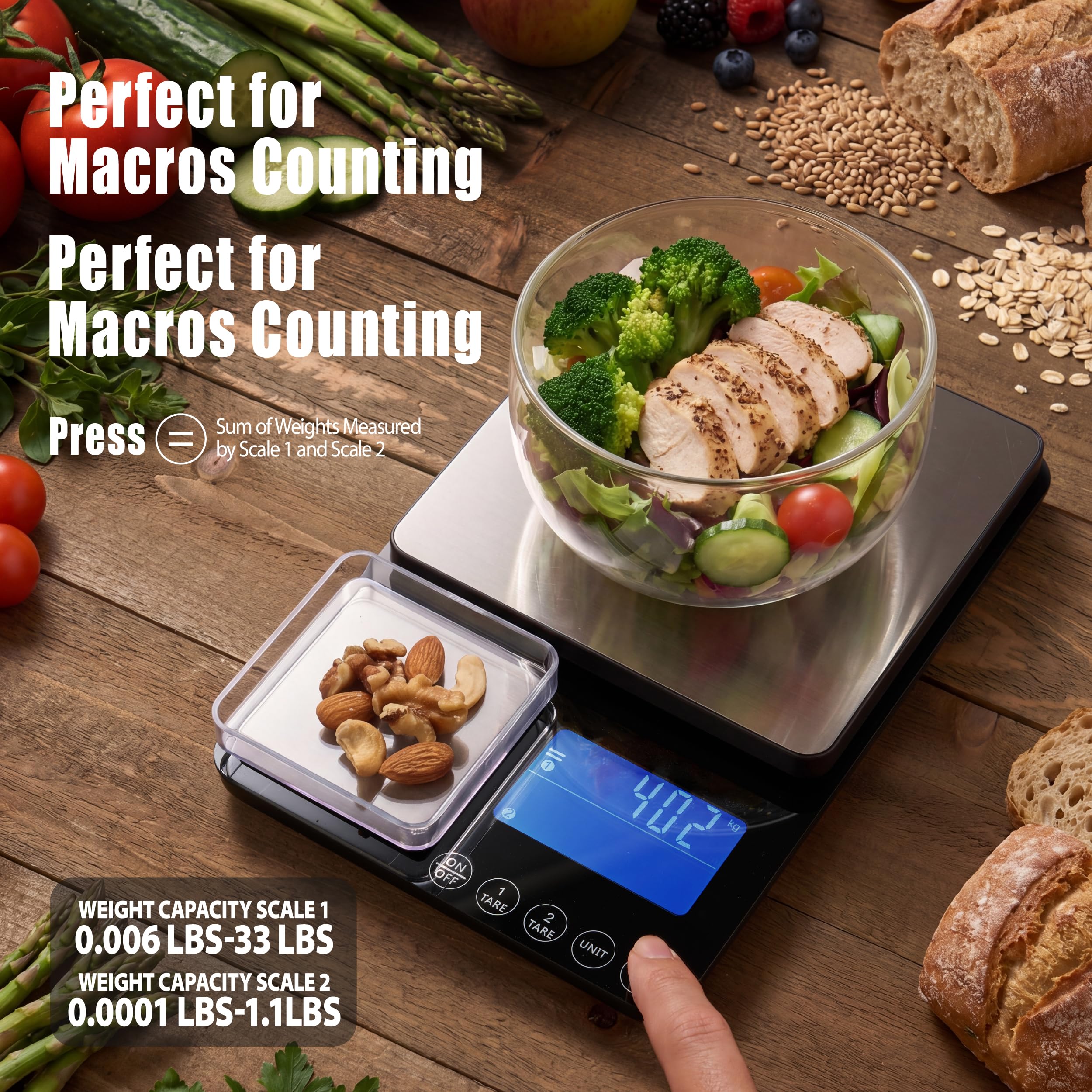 Balance de cuisine à double plateforme, balance alimentaire numérique avec double affichage, deux en un pour poids lourd et précis, 0,01 g, acier inoxydable, 7 unités de tare, pour pâtisserie