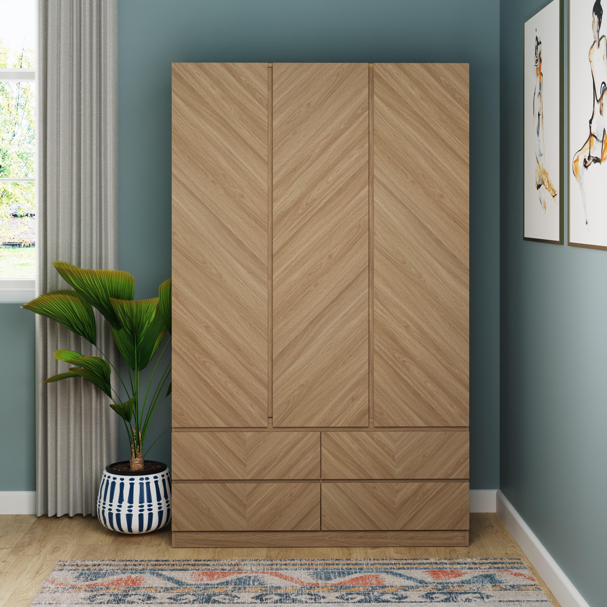 GFW Catania 3 Door 4 Drawer Euro Oak Wood Wardrobe - Brown