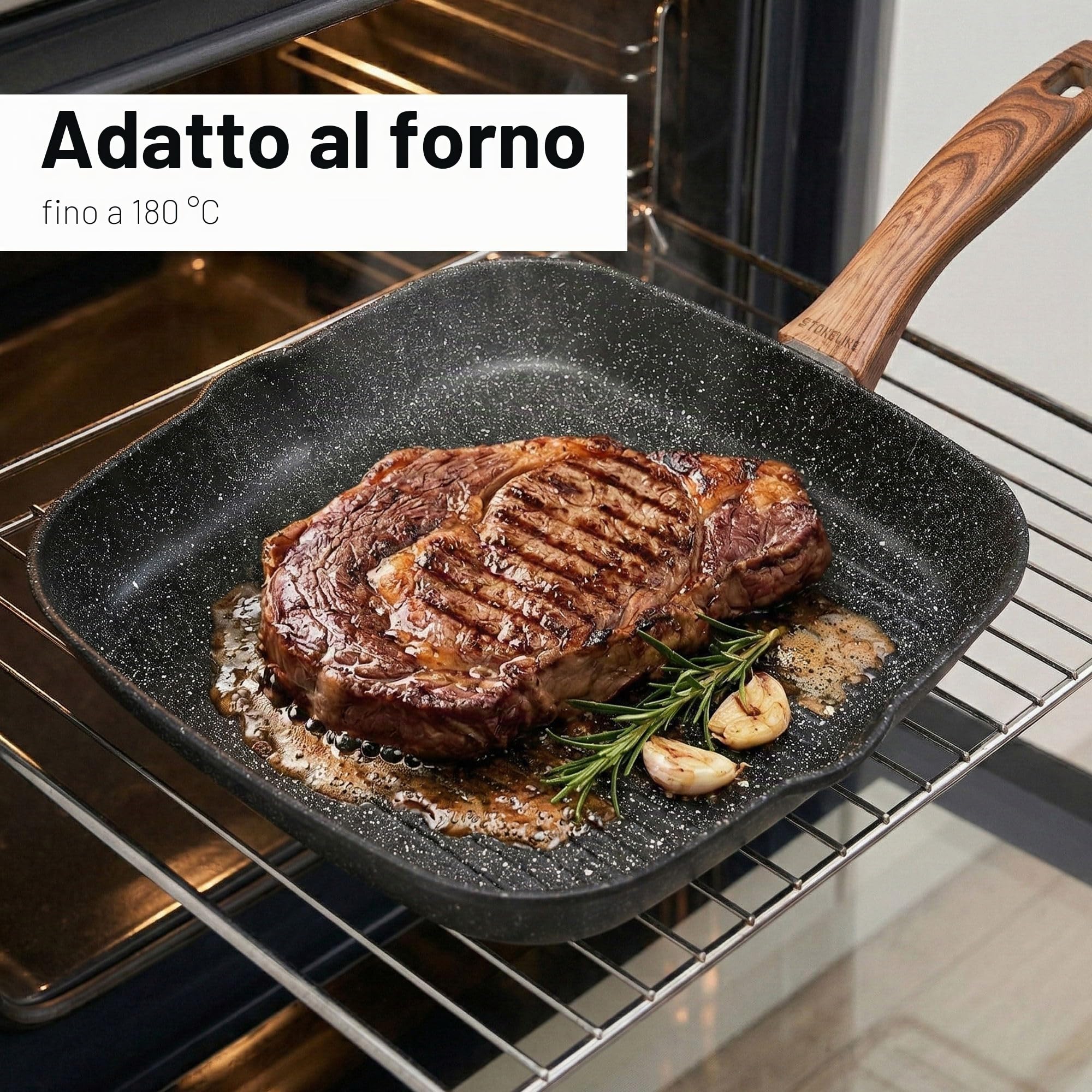 STONELINE® - Bistecchiera Back to Nature 28 x 28 cm, con 2 beccucci, adatta a induzione