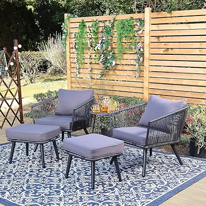 DRX Patio Furniture Set, 5 Pieces Porch Backyard Garden Outdoor Furniture Rope Sofa Set and Table Conversation Set for Balcony,Backyard,Living Room (Grey)