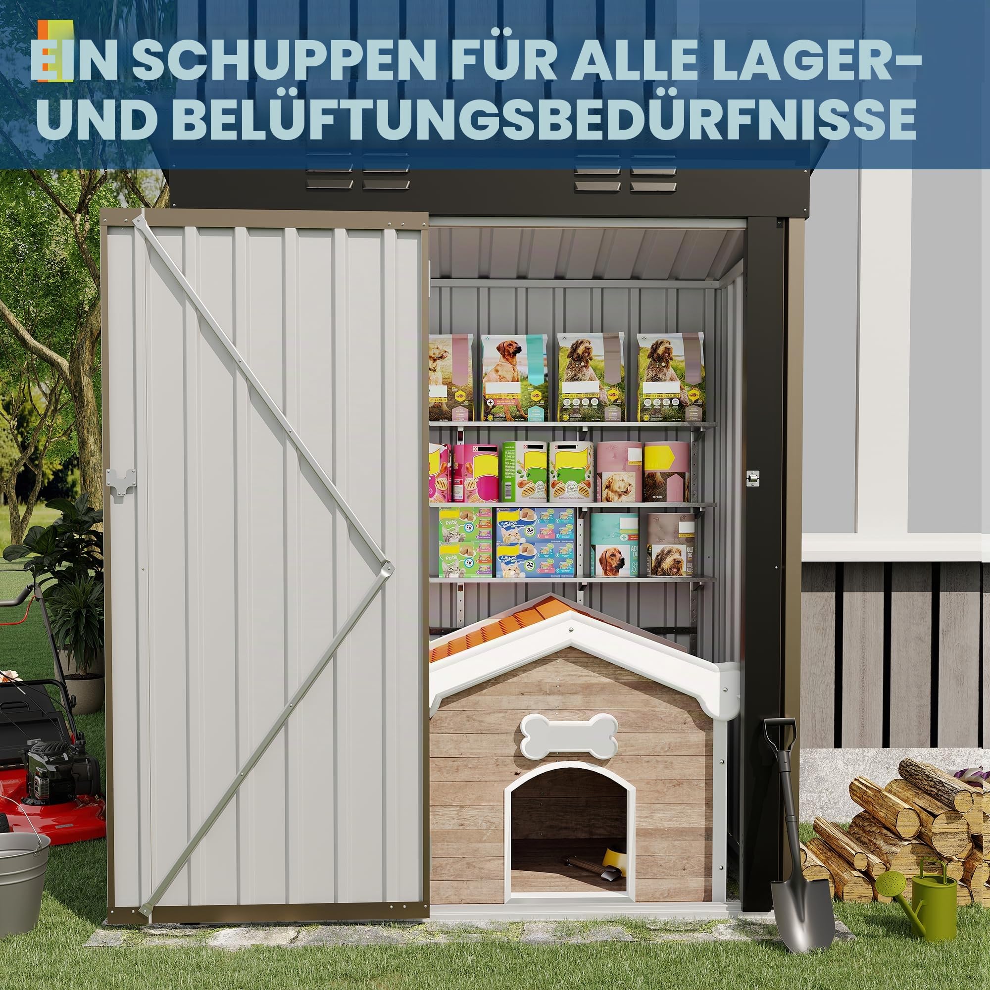 Kompaktes Metall Gerätehaus mit Abschließbarer Einzeltür & Schrägem Dach – Wetterfester Outdoor Stauraum, Platzsparend für Werkzeuge & Geräte – 152 x 91 x 183 cm, Braun