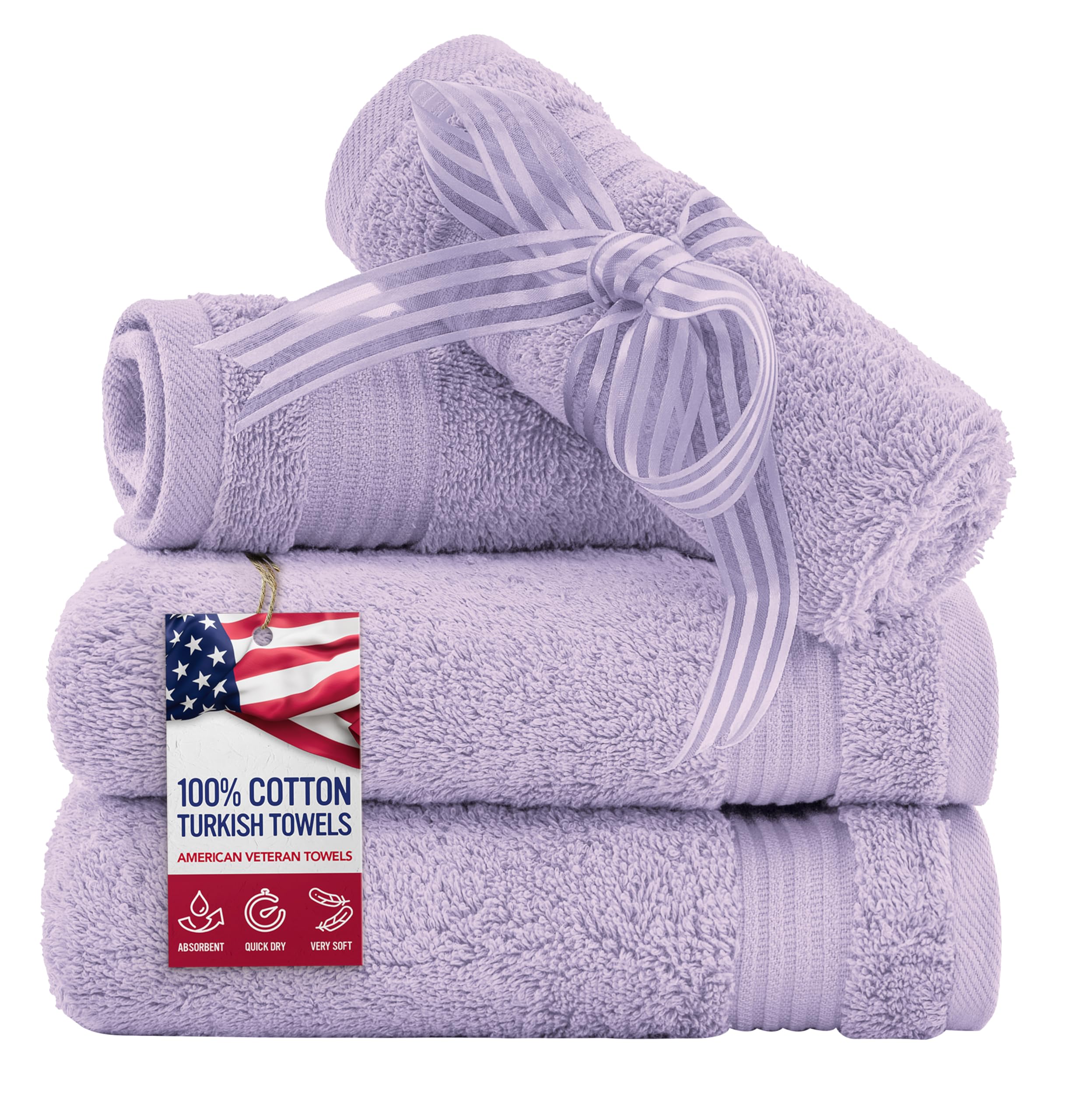American Veteran Towel, 100% Cotton Turkish Washcloths for Bathroom Essentials 4 Pack, Soft Absorbent Wash Cloths Quick Drying Small Towels Washrags, Lilac