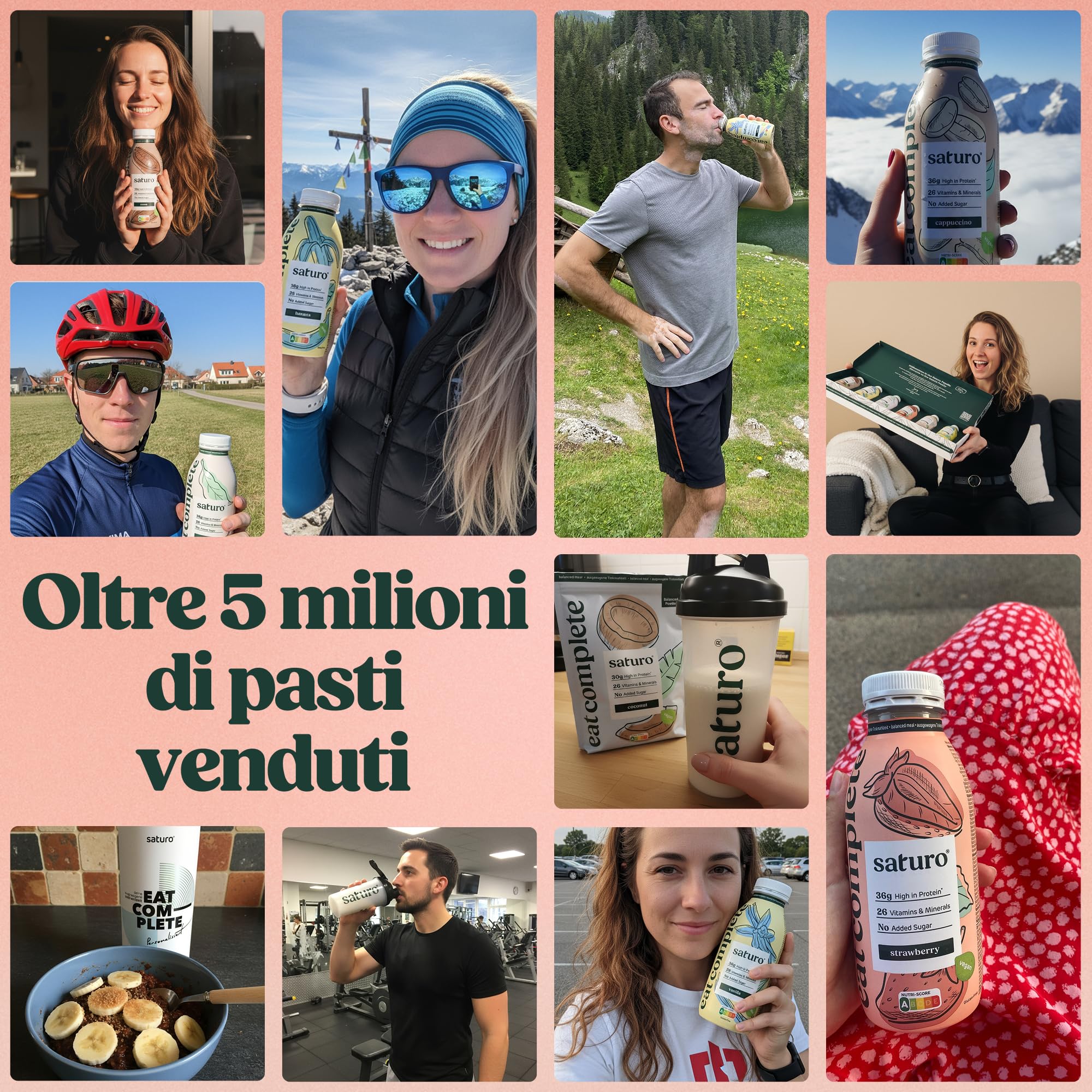 Saturo Pasto Sostitutivo Frullato Gusto Strawberry | 36 g di proteine & senza zucchero | 400 kcal | Vegano | Pasto Bevibile con Nutrienti Essenziali | Fragola | 6 x 400 ml