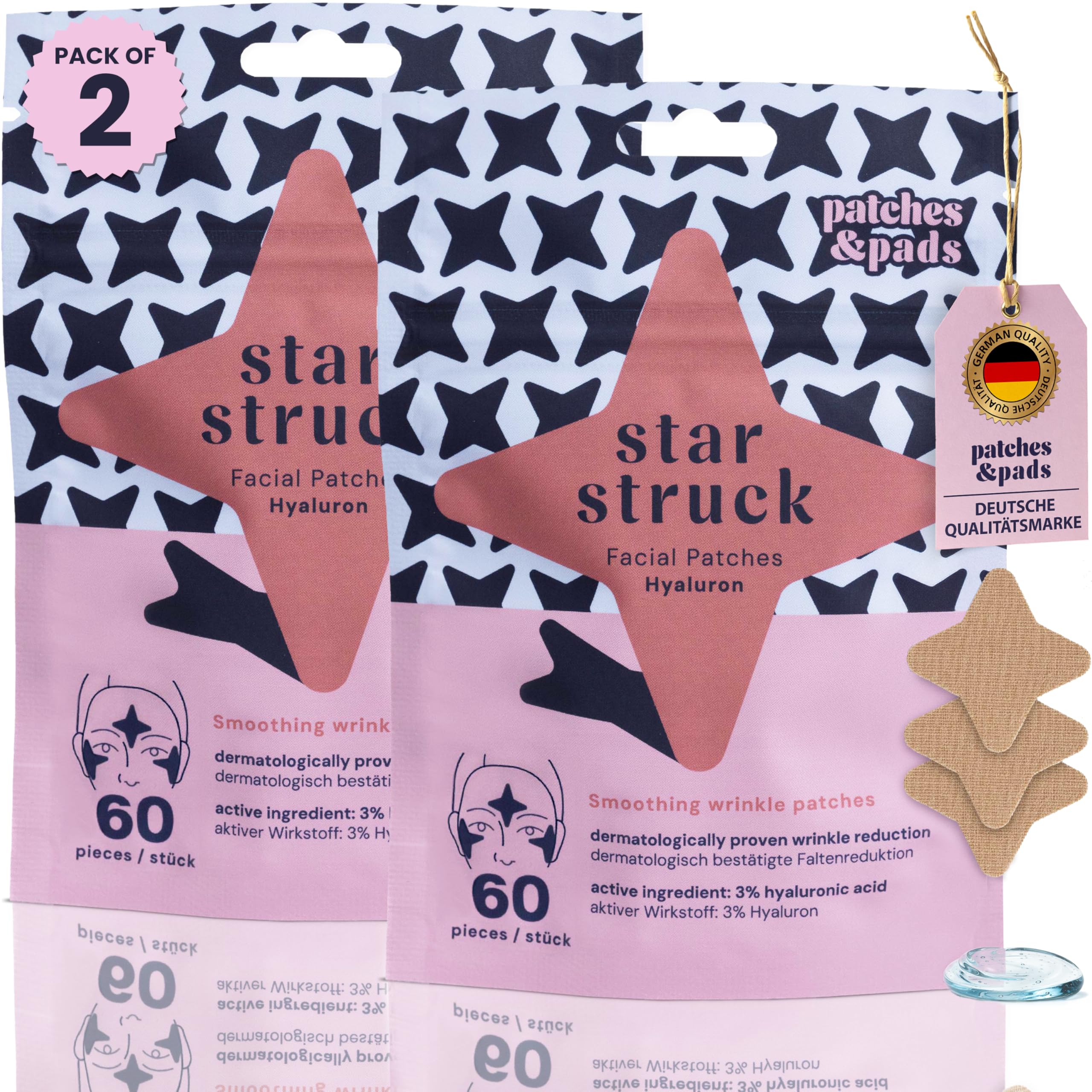 Patches & Pads Anti Falten Pflaster aus Baumwolle mit Hyaluron 60 Stück - Extra stark haftend - Faltentape, Facial Patches, Gesichts Tapes gegen Falten - Dermatologisch getestet (2er Pack)