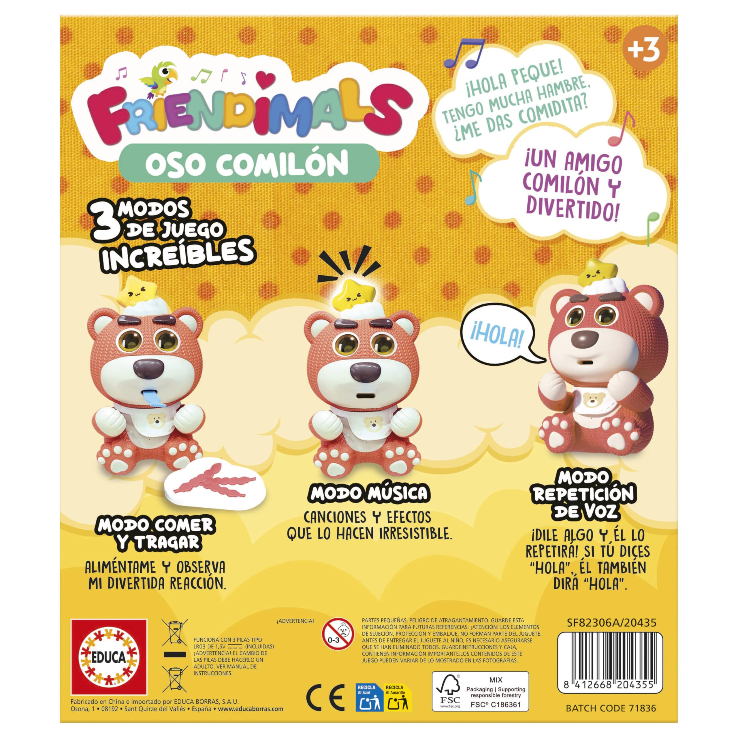Educa - Oso Comilón Interactivo Friendimals | Come, Canta y Repite tu Voz | Diversión Educativa para niños | A Partir de 3 4 5 años (20435)