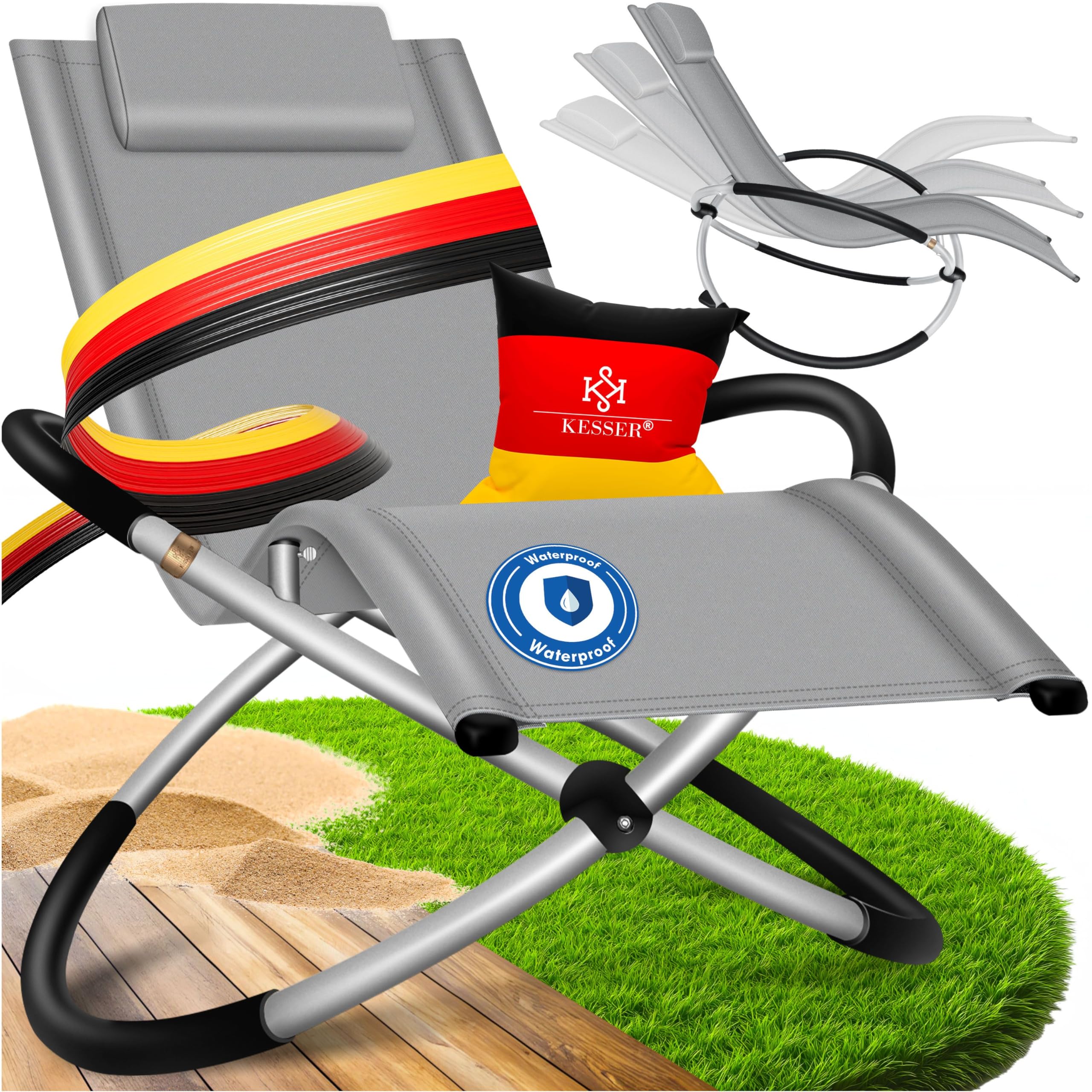 KESSER® Relaxliege Liegestuhl | Gartenliege Sonnenliege | Gartenstuhl | Klappstuhl faltbar | Schwungliege | Schaukelsessel | ergonomische Relaxsessel | wetterfest | 180 kg Belastung, Grau