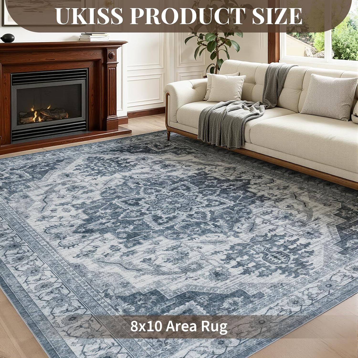 UKISS Washable Rugs 8'x10' Area Rugs for Living Room ，Ultra Soft Faux Silky Rug for Bedroom, Vintage Large Area Rug，Non Slip&Non-Shedding Low Pile Large Carpets for Home Office Decor Blue