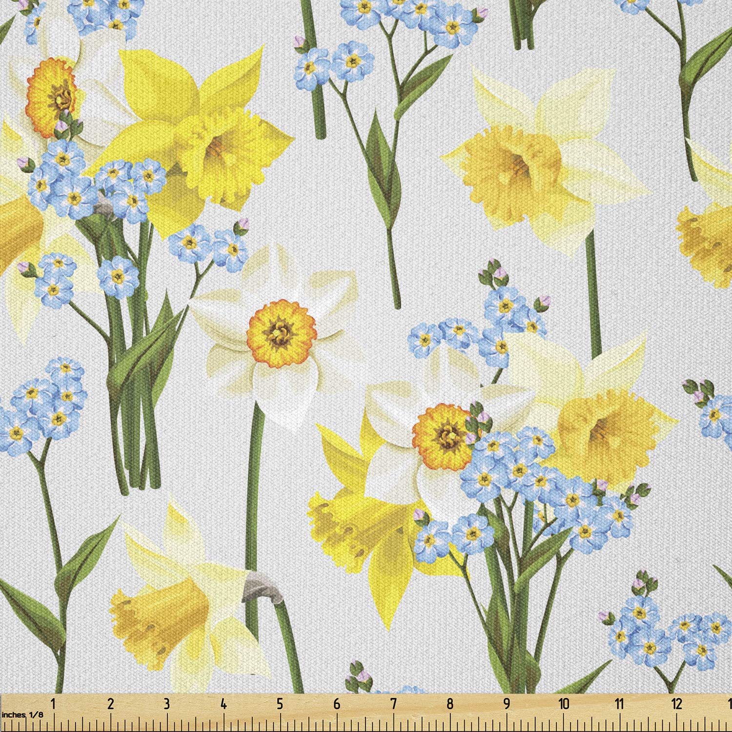 Lunarable Daffodils Fabric by The Yard, Forget Me Not Flowers and Daffodil Blossom Leaf Bouquet Spring Garden, Stretch Knit Fabric for Clothing Sewing and Arts Crafts, 2 Yards, Blue and Yellow