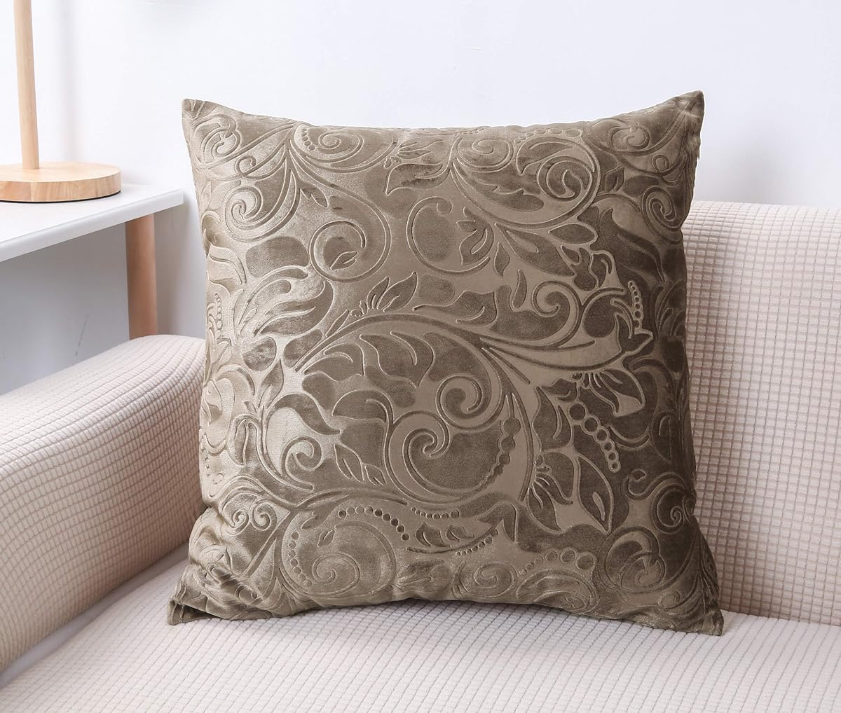 Embossed Velvet Throw Pillow Cover-(22" x 22", C05 Khaki) | Color-matched invisible zipper. Easy Clean. Swap covers refresh without new pillows. for sofa, bed, office, indoor/outdoor.