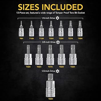 LEXIVON Tamper Proof Torx Bit Socket Set, Premium S2 Alloy Steel | 13-Piece Security Star T8 - T60 Set | Enhanced Storage Case (LX-146)