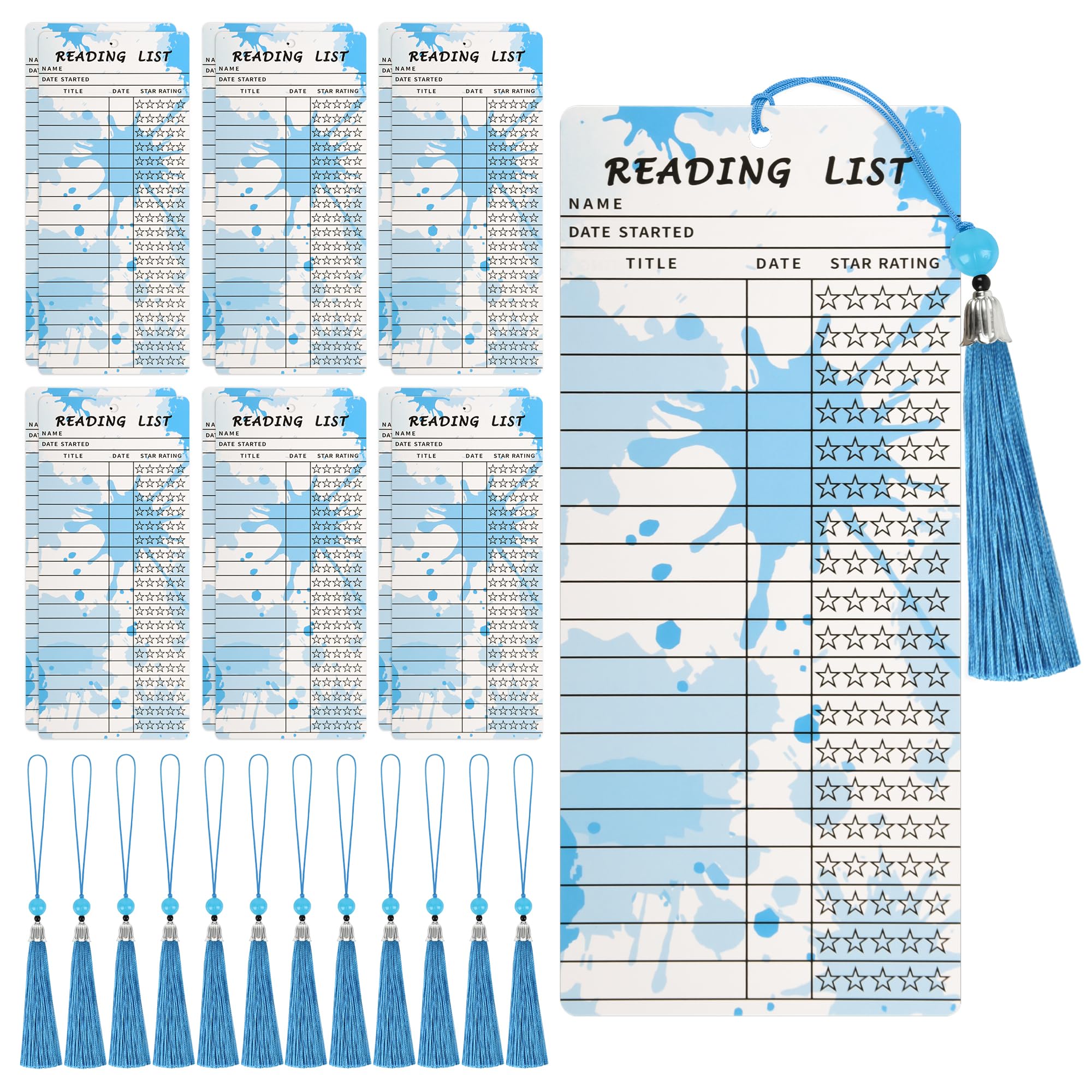 12 PCS Reading List Bookmarks with 12 PCS Blue Tassels, Bookish Items, Book Tracker Bookmarks, Library Card, Book Club, Bookmark Bulk, Book Marker,