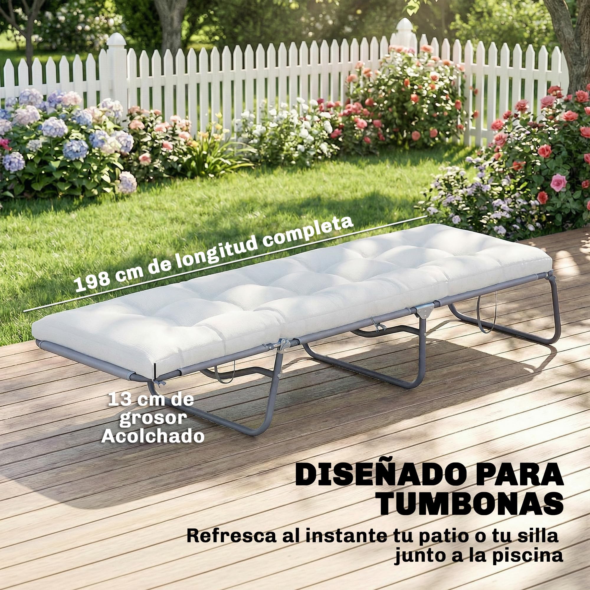 Outsunny Cojín para Banco Exterior y Tumbona UV50+ 198x65x13 cm Crema | Cojín para Banco y Tumbona de Jardín, con Correas de Sujeción, Rebote Lento, para Interior y Exterior