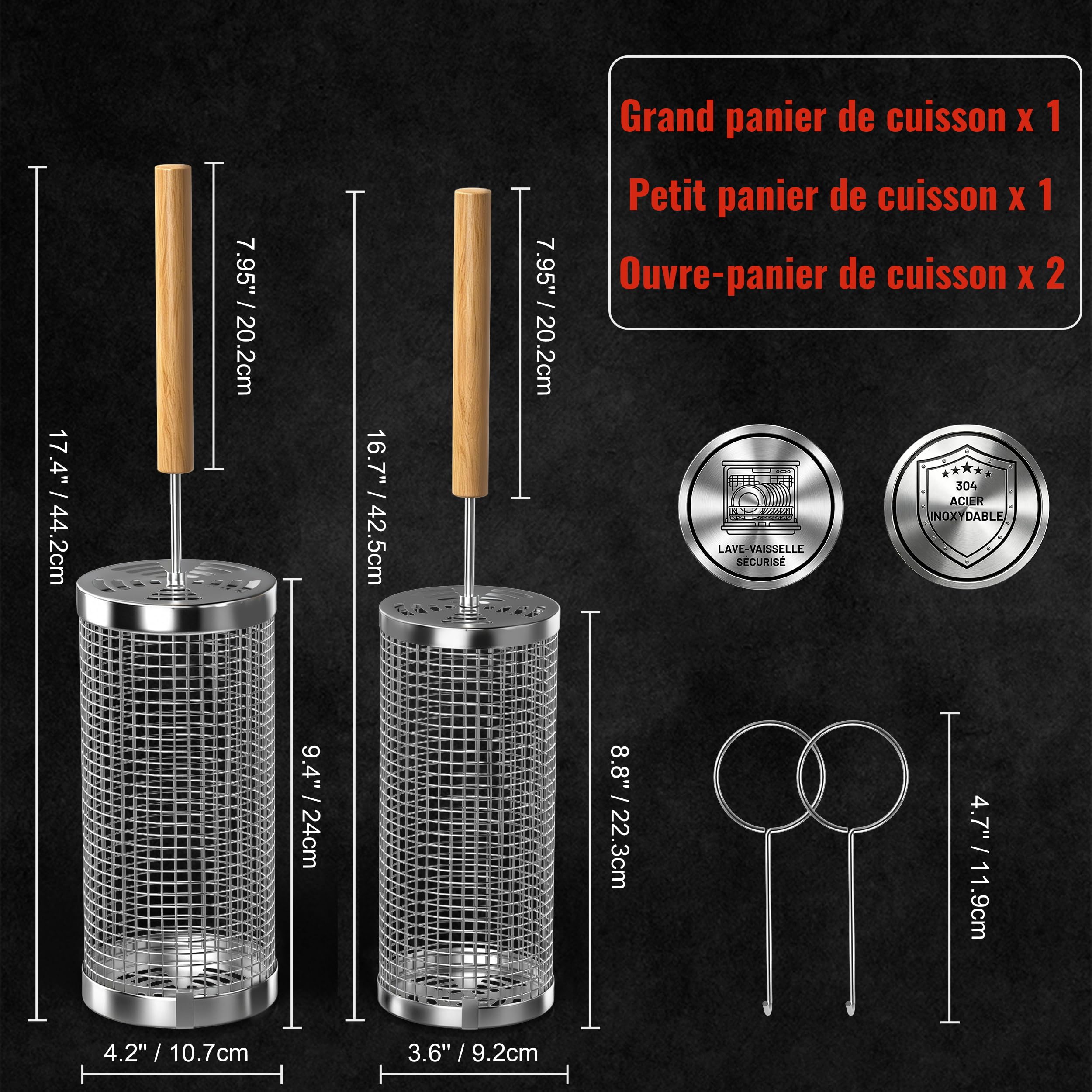 Panier à Barbecue Roulant, 2 Pièces, Acier Inoxydable 304, Poignée Bois Détachable, Accessoire Barbecue, Ustensiles de Cuisine Extérieur Camping, Cadeau Anniversaire Homme Papa Original Utile